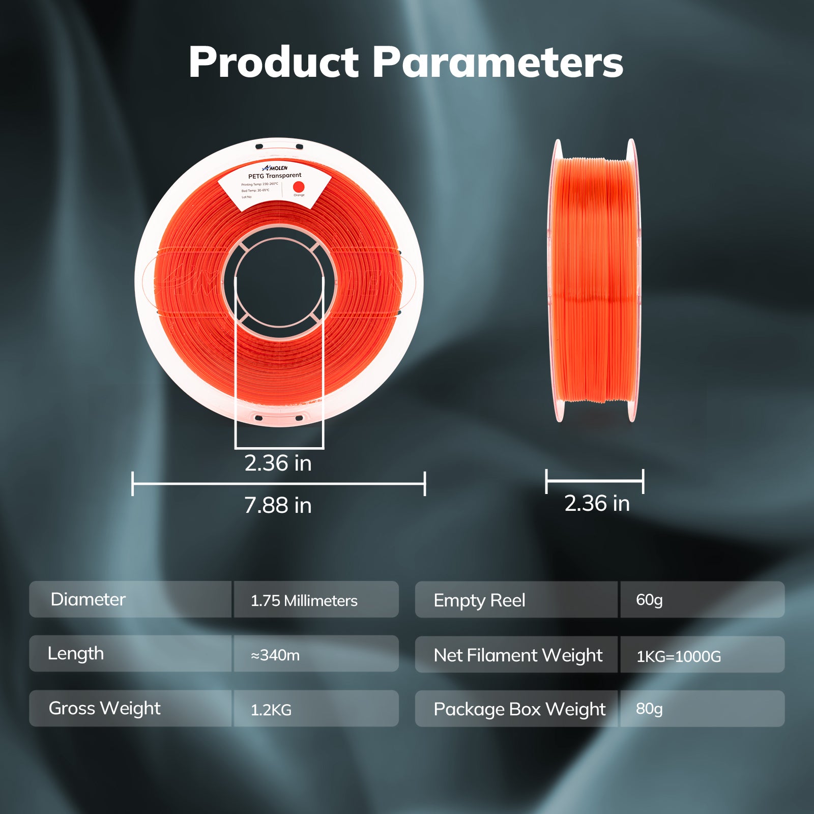 Amolen PETG Transparent Orange Filament Product Parameters, 1.75mm, 1KG Spool