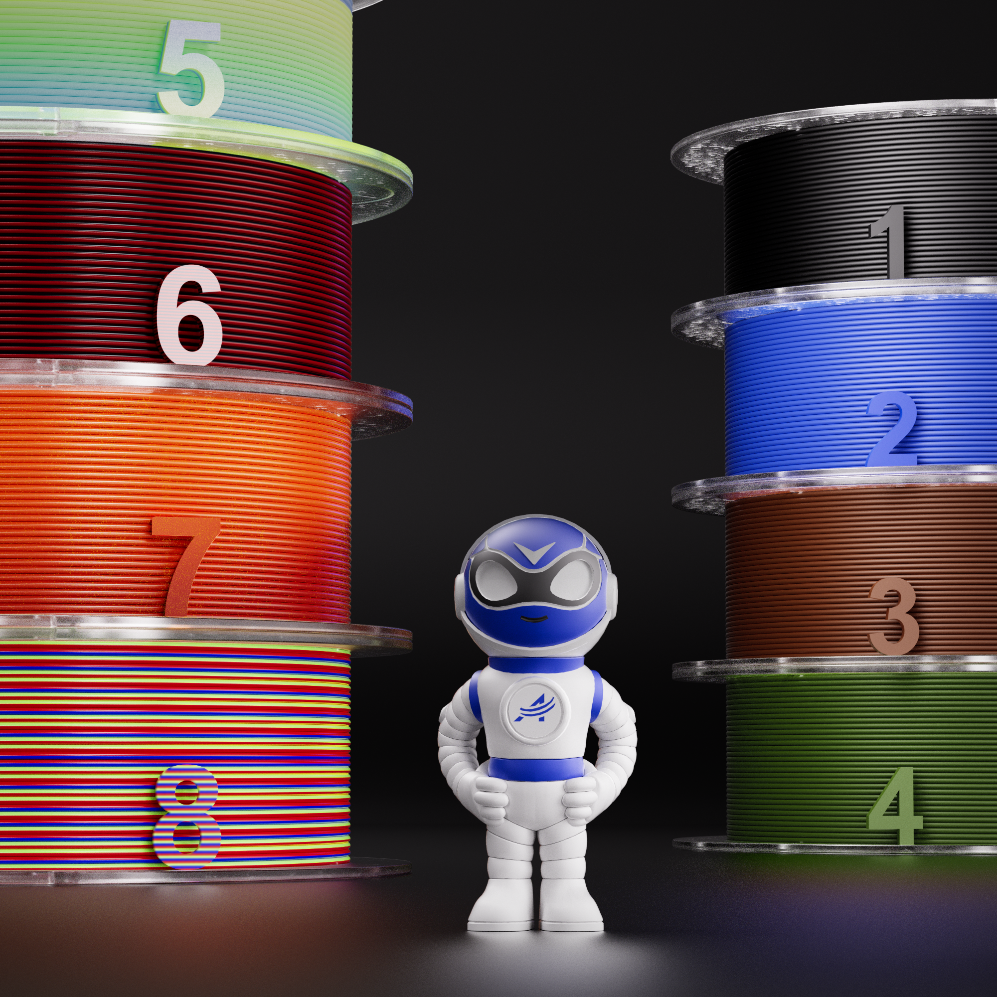 Amolen 8th Anniversary PLA Filament Set with robot mascot. Variety of colors including silk, in a stylish design.