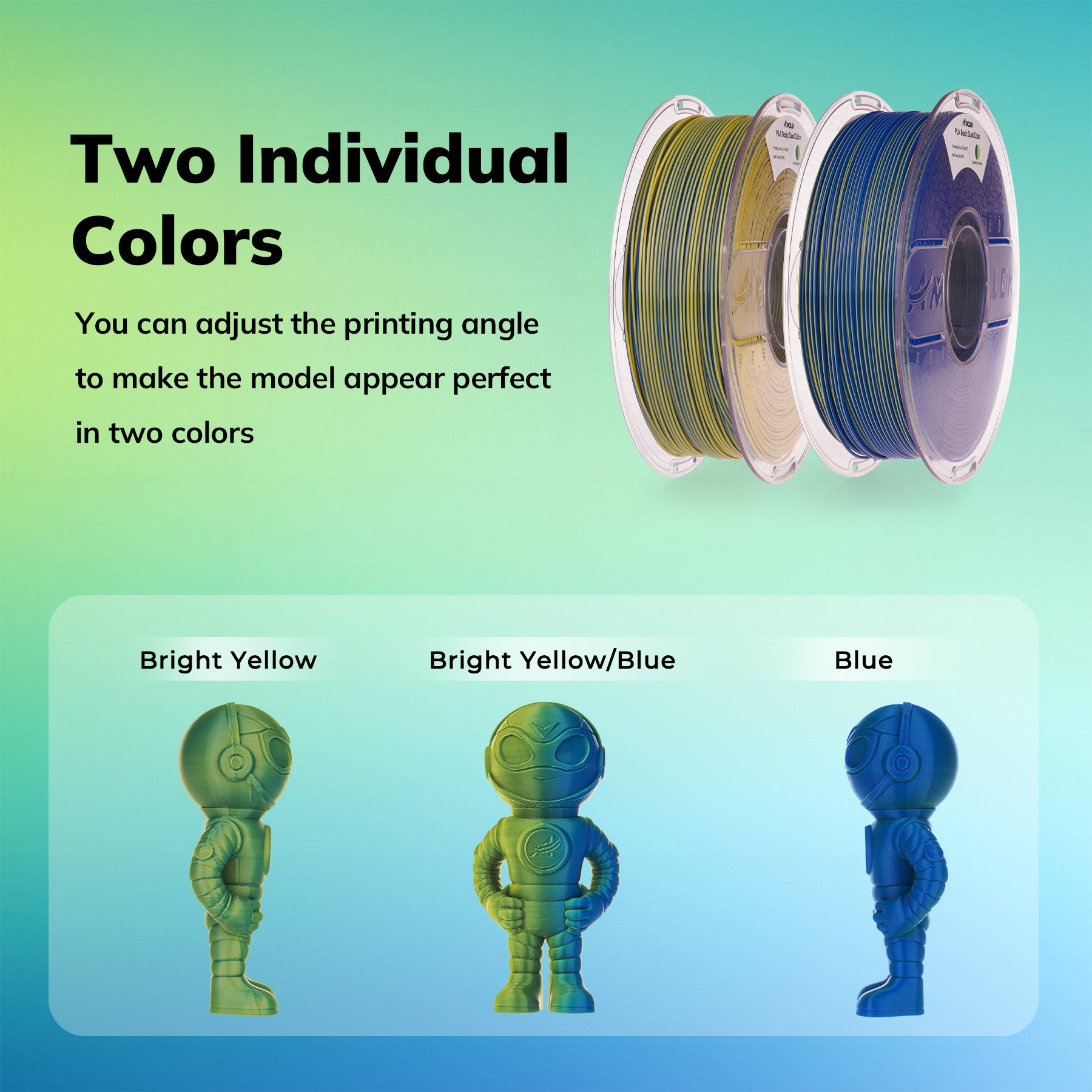 Amolen Dual Color PLA filaments: Bright Yellow, Blue robot models showing two-color 3D printing.