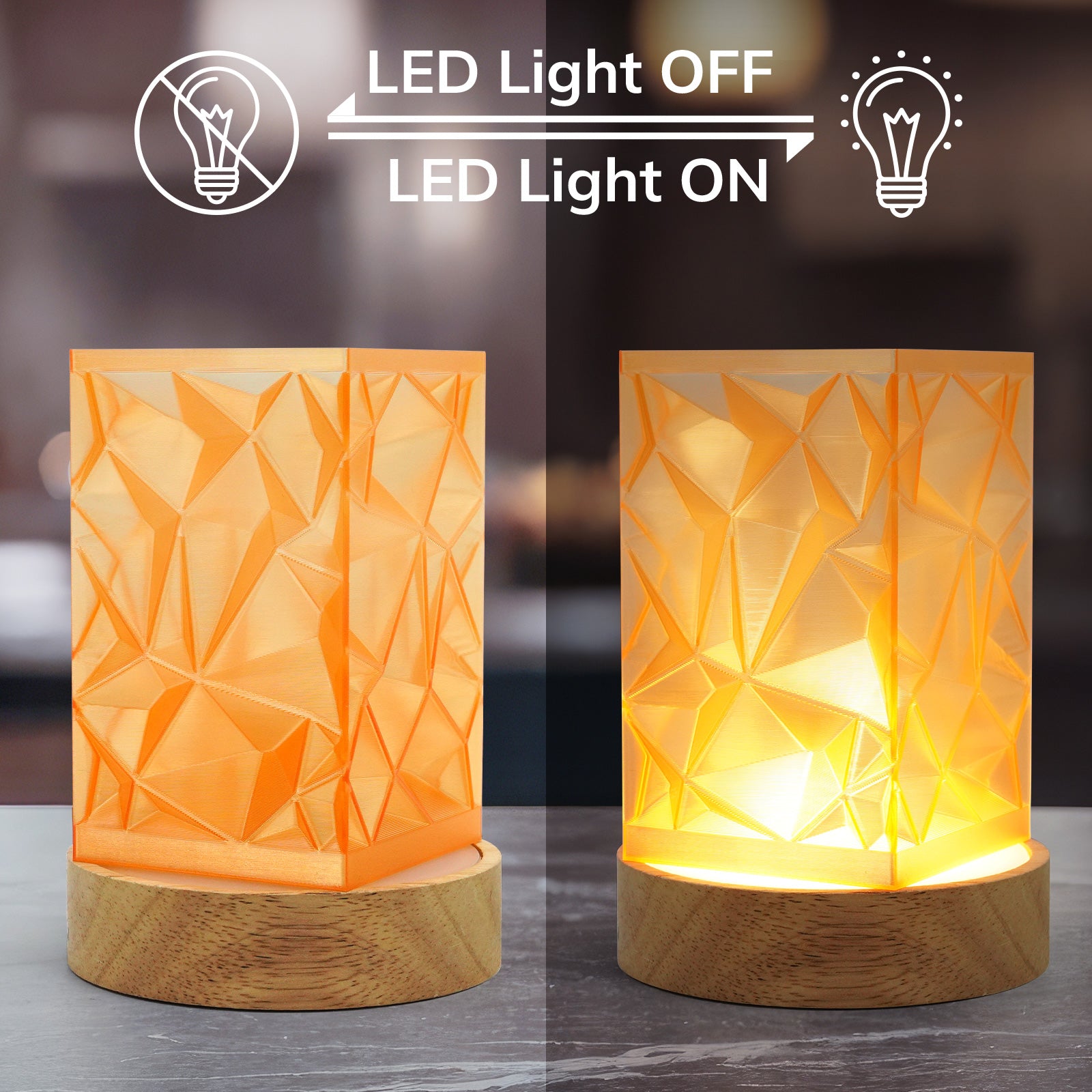 Amolen PLA crystal transparent 3D printed lamp, LED light on and off, showing gradient effect and geometric design
