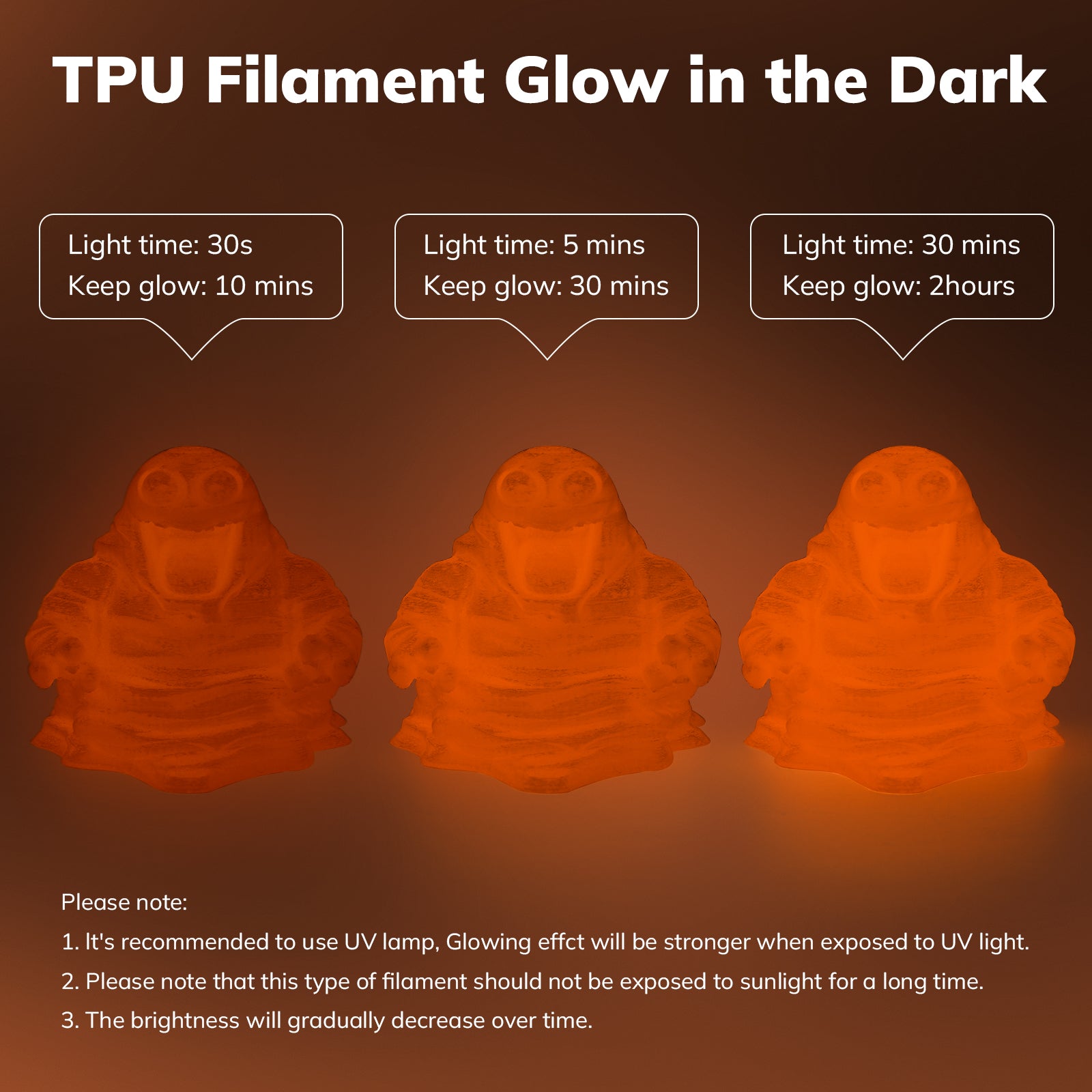 Amolen TPU Glow-in-the-Dark filament: glow duration comparison with UV exposure, for 3D printing