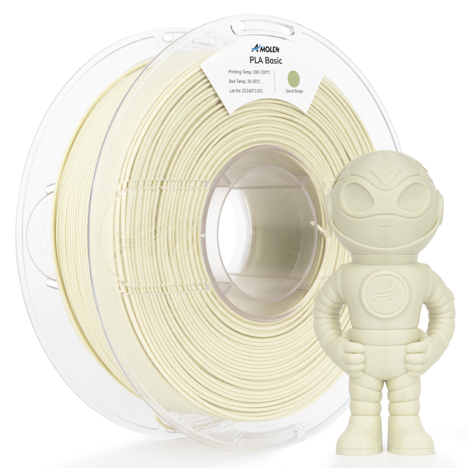 Amolen PLA Basic Sand Beige filament spool and 3D-printed figure, for high-speed printing.