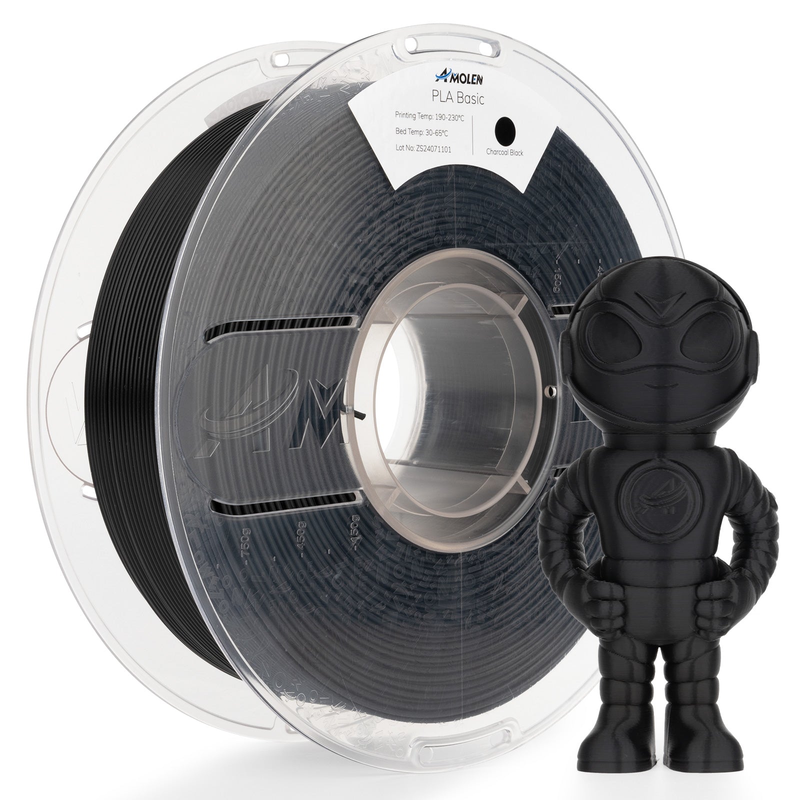 Amolen PLA Basic Charcoal Black filament with 3D-printed figure, for high-speed printing, 1.75mm, 1 KG.