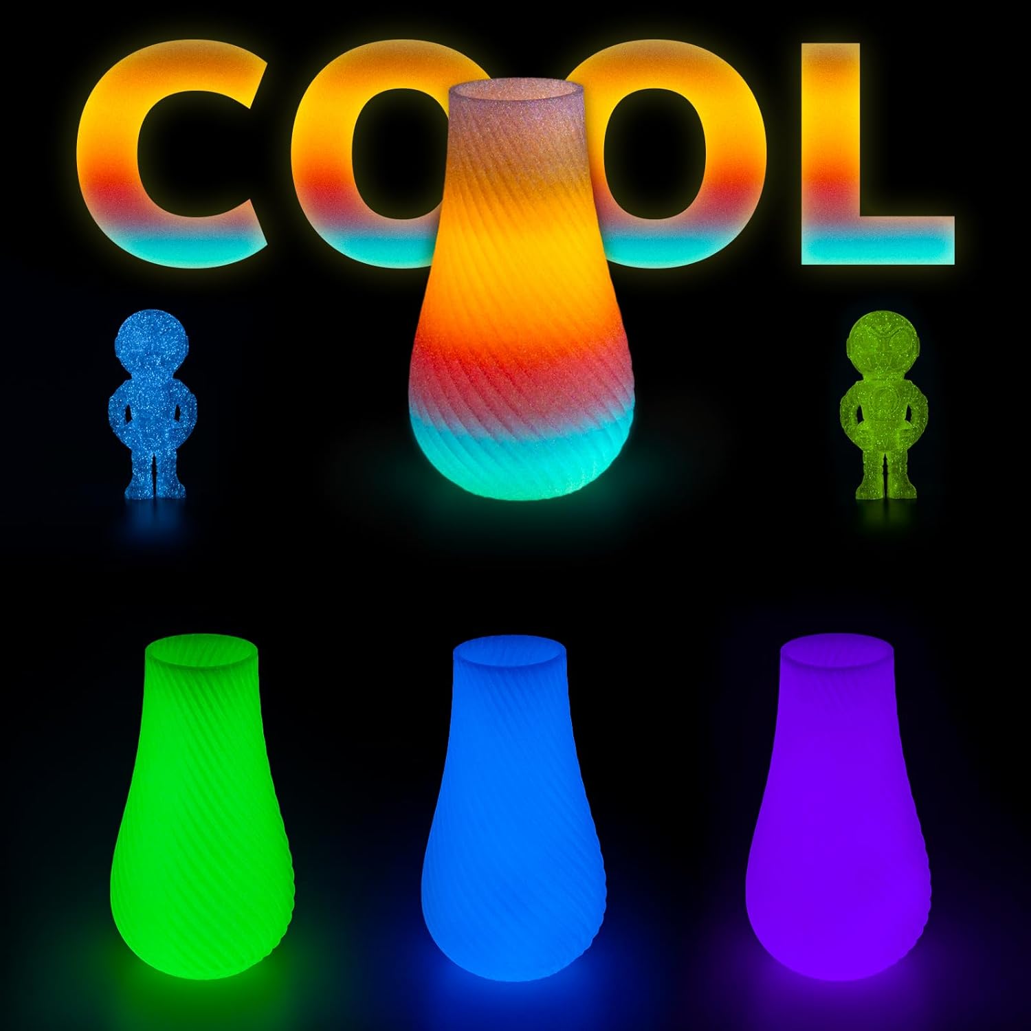 Amolen PLA Glow in the Dark filament variety pack showcasing 3D printed objects in various colors with COOL text