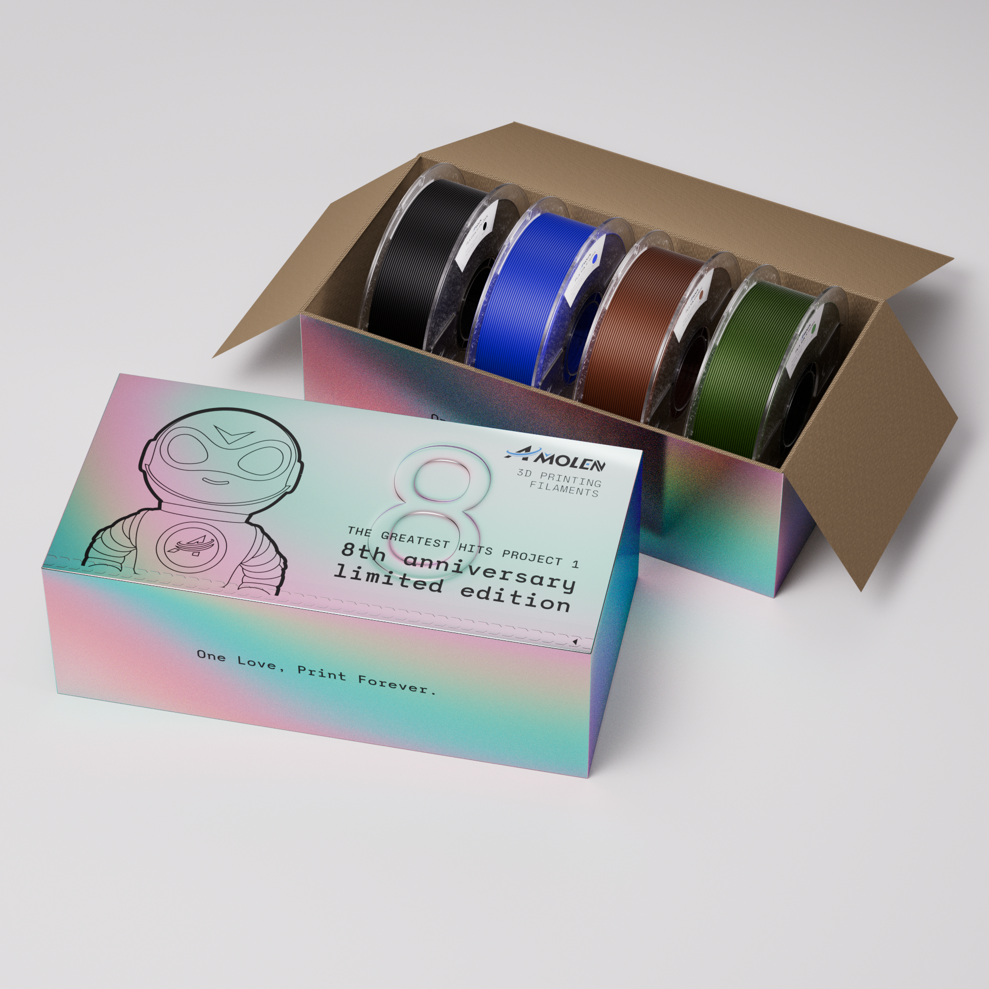 Amolen 8th Anniversary Limited Edition PLA Filament Box Set featuring four vibrant colors for 3D printing