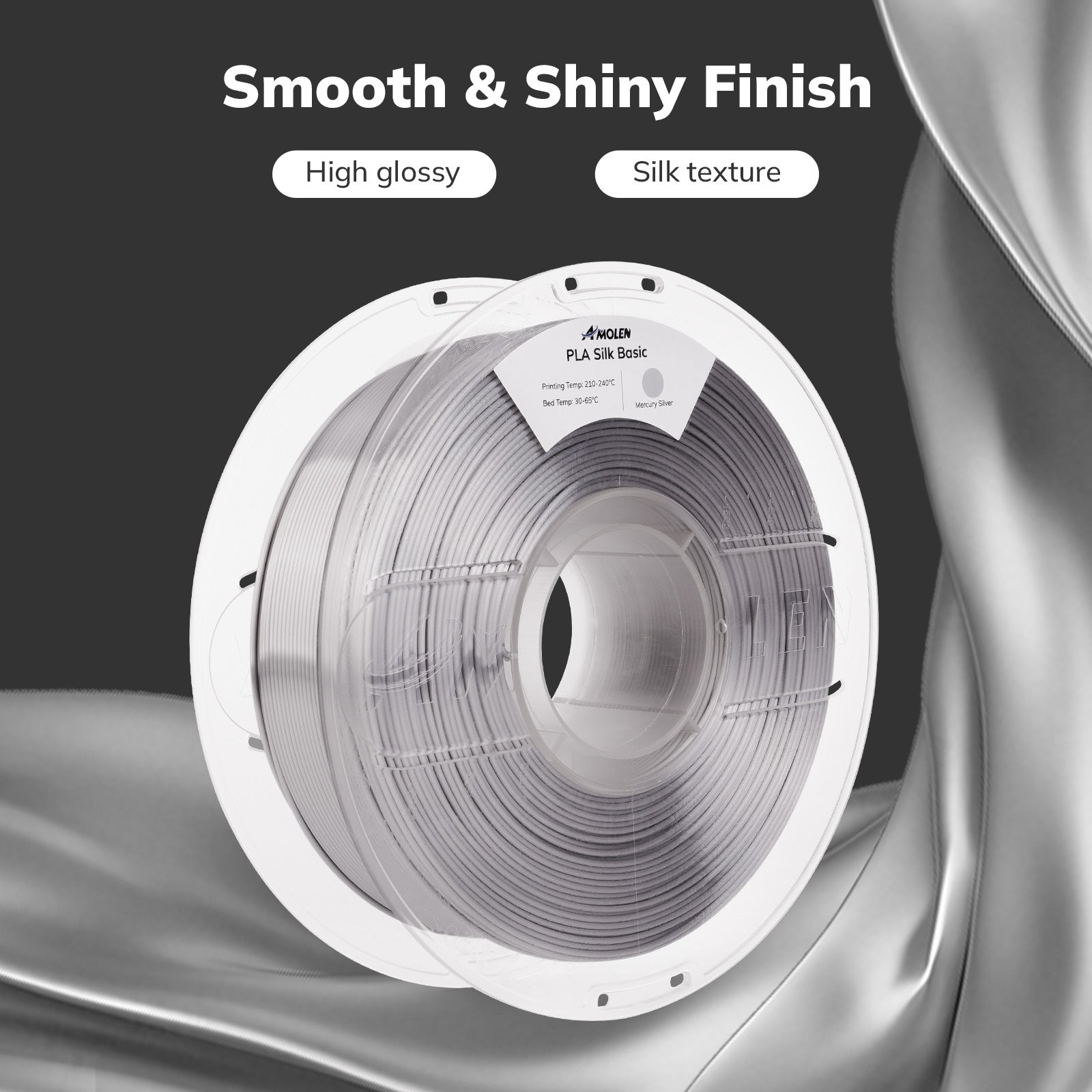 Amolen PLA Silk Basic Mercury Silver filament spool with smooth, glossy finish for 3D printing.