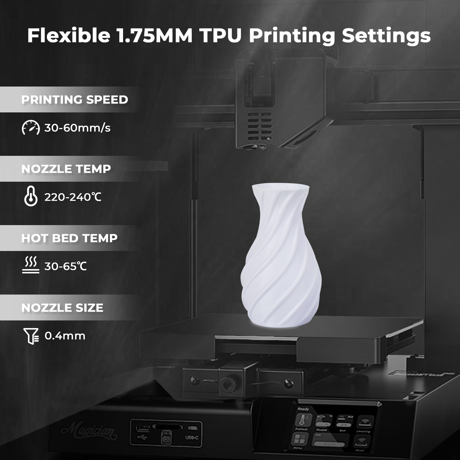 TPU Flexible Filament Printing Settings: Speed, Temperature, Nozzle Size. Features a white 3D-printed vase.