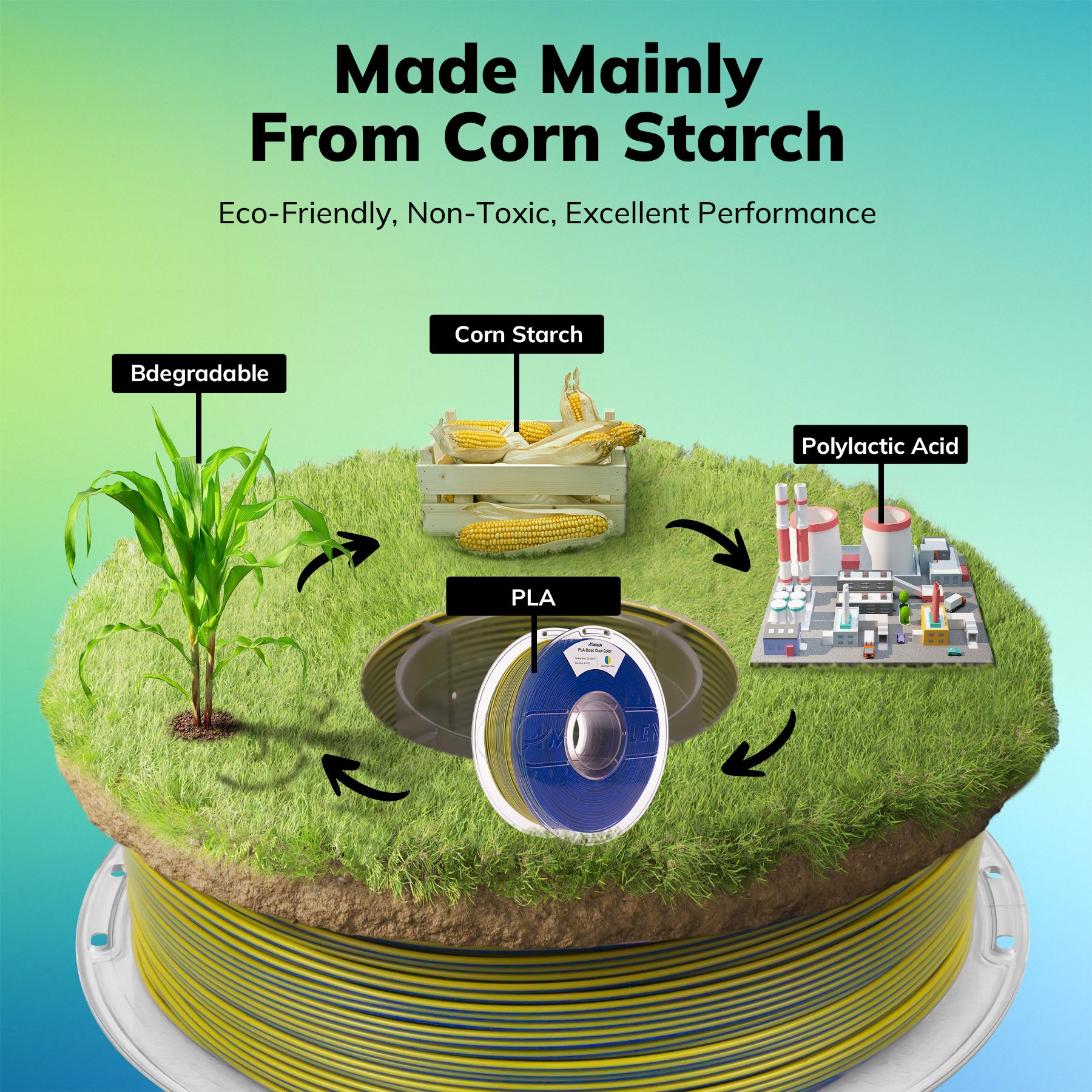 Amolen PLA Basic Dual Color filament made from corn starch. Eco-friendly PLA filament for 3D printing.