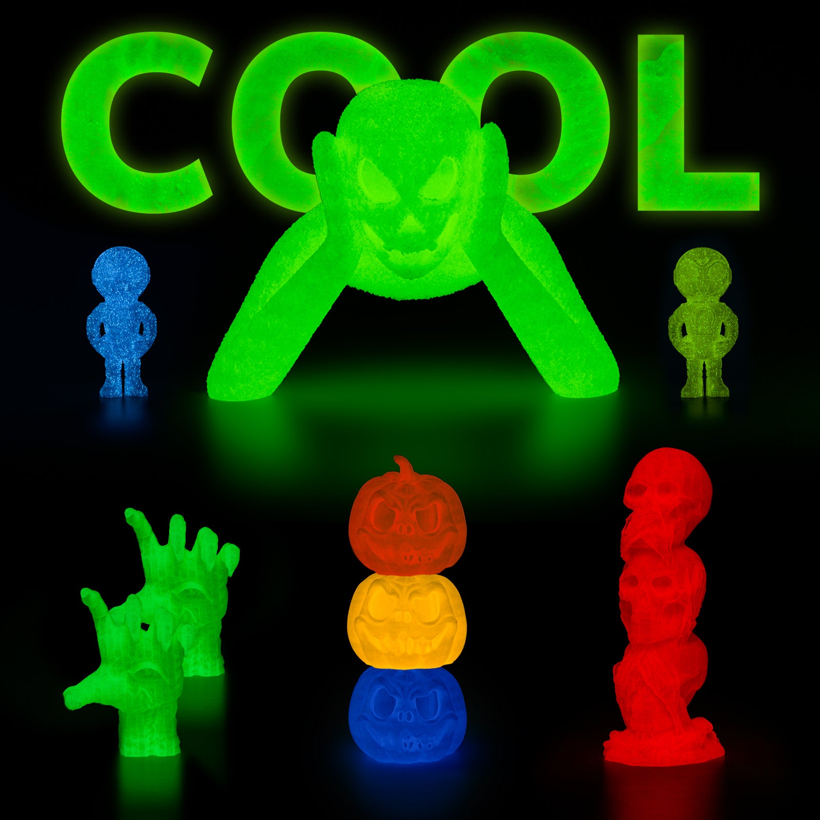 Amolen Glow-in-the-Dark PLA 3D printed models: Skull figure, hand, stacked pumpkins and skulls; perfect for glow projects