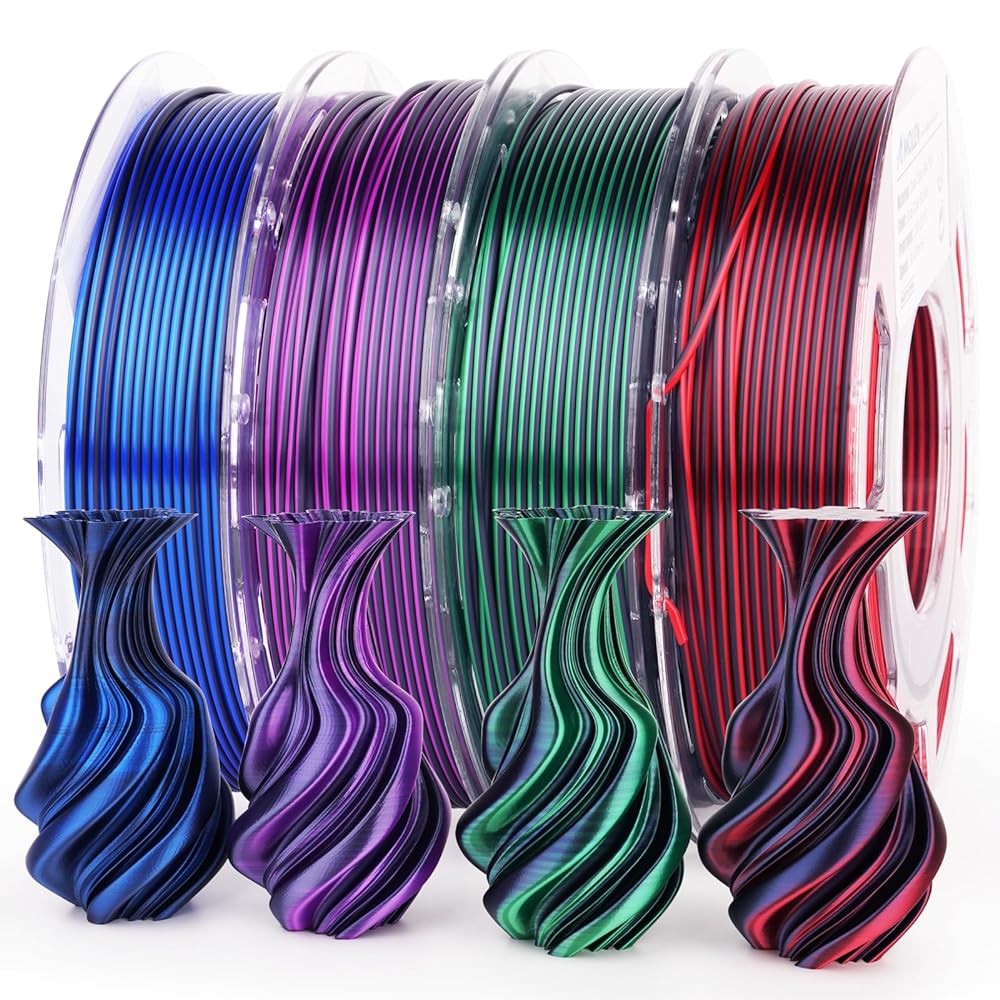 Amolen PLA Silk Dual Color filament spools and 3D printed vases, featuring dual colors and smooth finish.