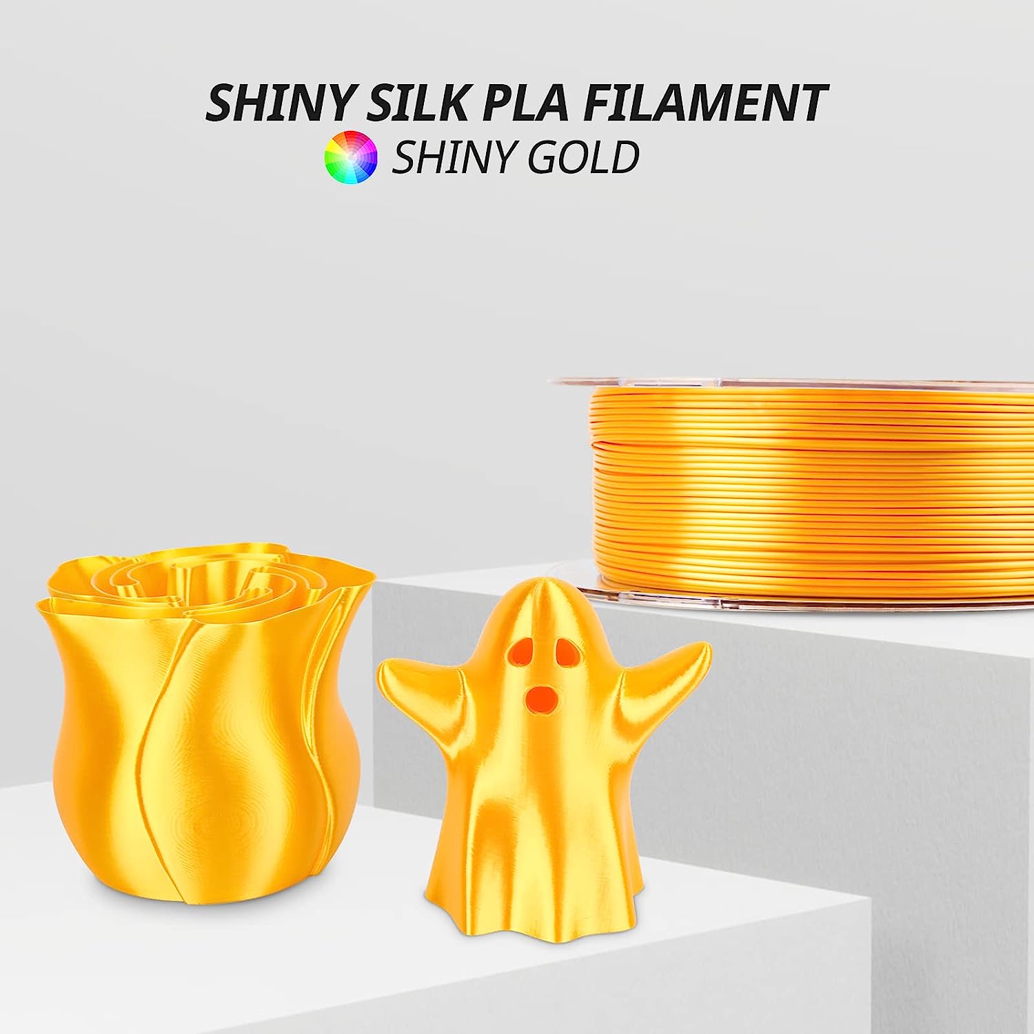 Amolen Shiny Gold Silk PLA filament with 3D printed models and spool, smooth shiny finish.