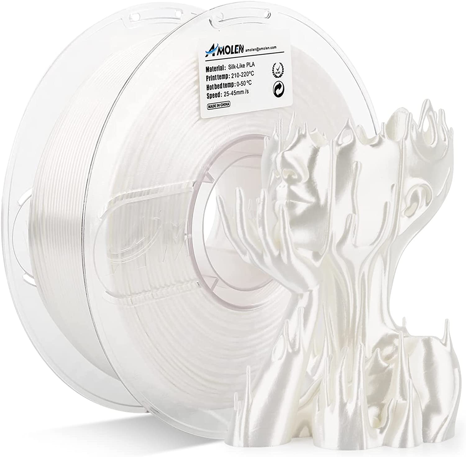 Amolen White Silk-Like PLA filament spool with 3D printed sculpture, shiny finish, for 3D printing.