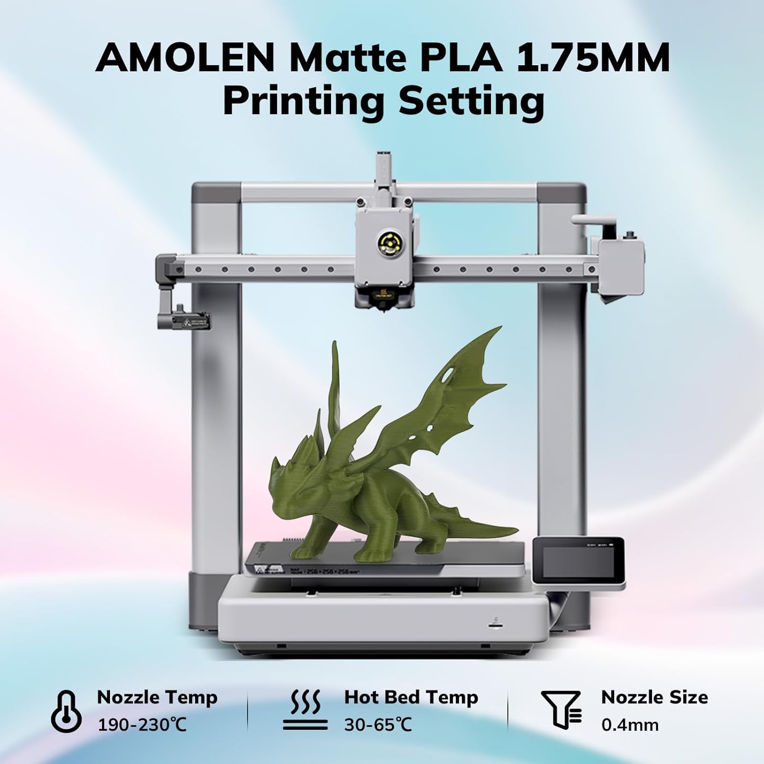 Amolen Matte PLA 1.75mm filament 3D printing dragon model, with key printing settings