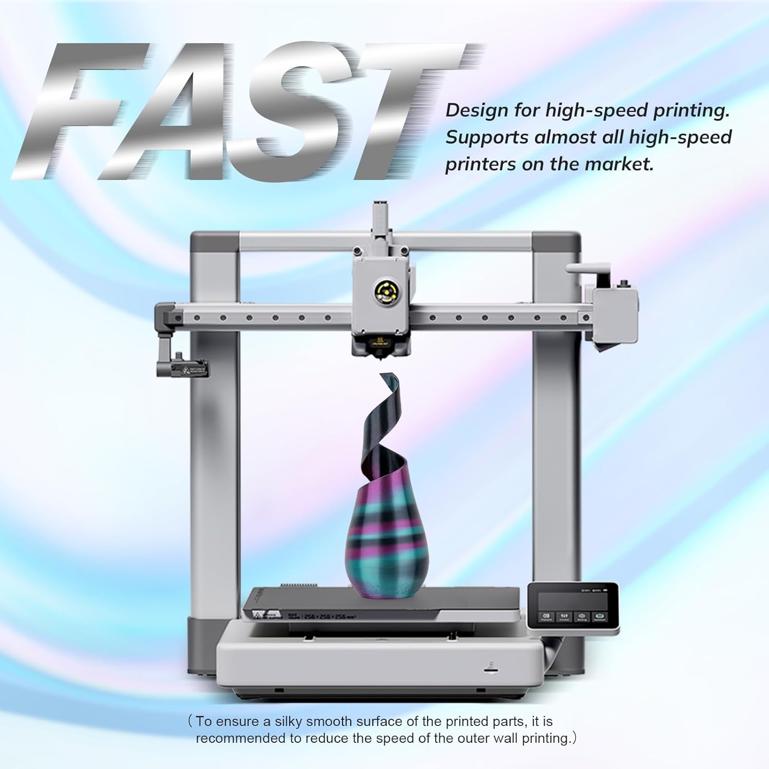 High-speed 3D printer with Amolen PLA Silk filament in black, turquoise, and magenta, creating a gradient vase.