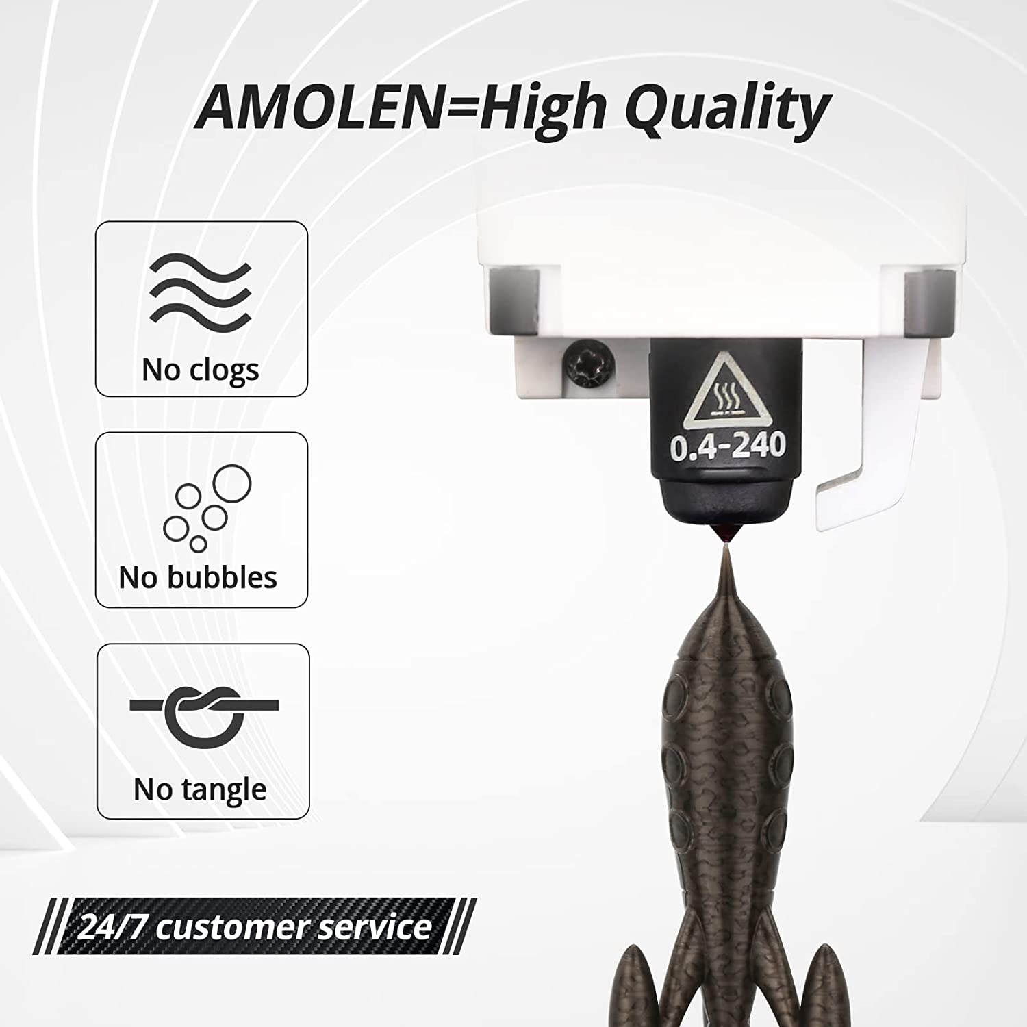 Amolen PLA filament 3D printing, showcasing high quality with no clogs, no bubbles, no tangles, and 24/7 customer service.