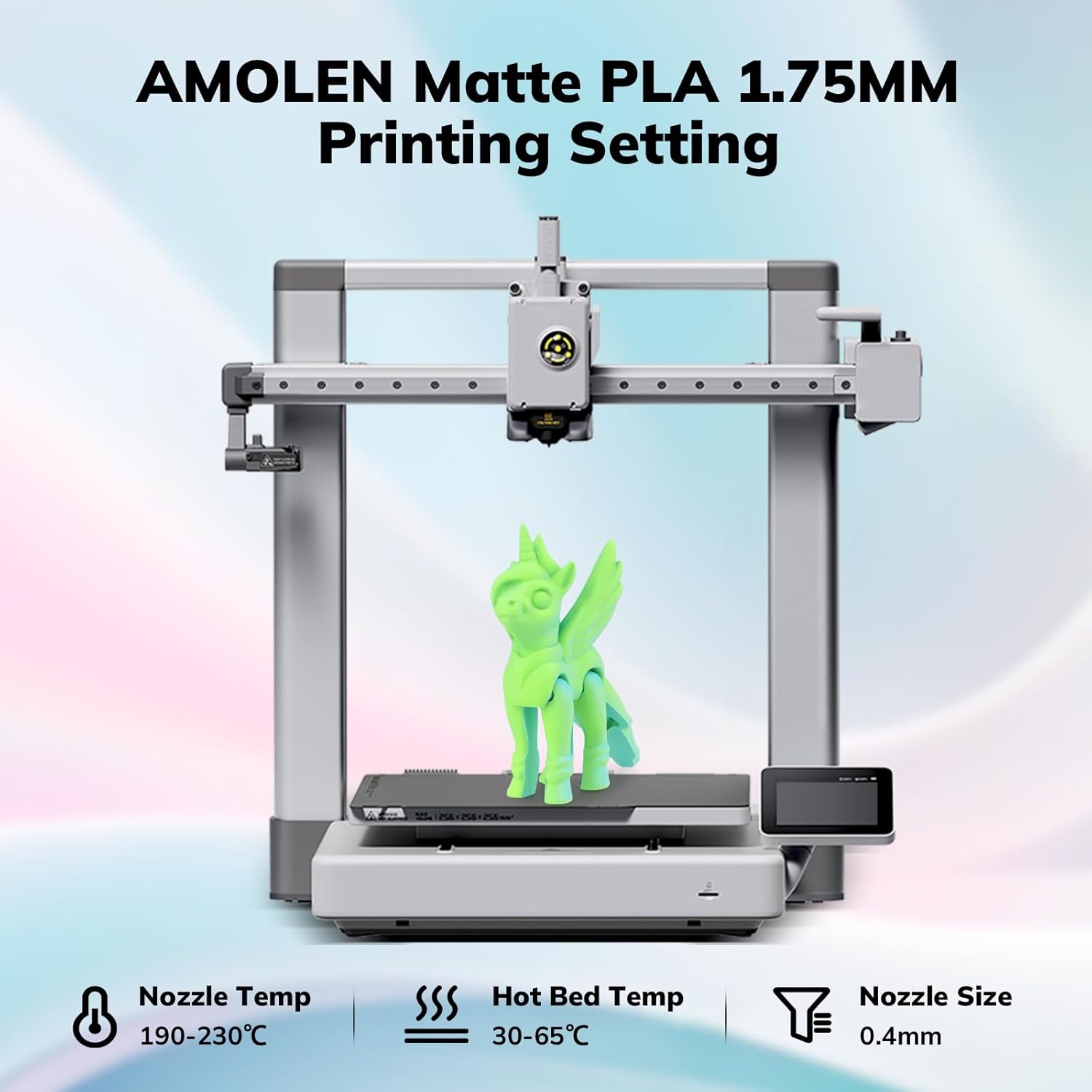 Amolen Matte PLA 1.75mm printing settings, 3D printer with printed model, optimal nozzle and bed temperatures.