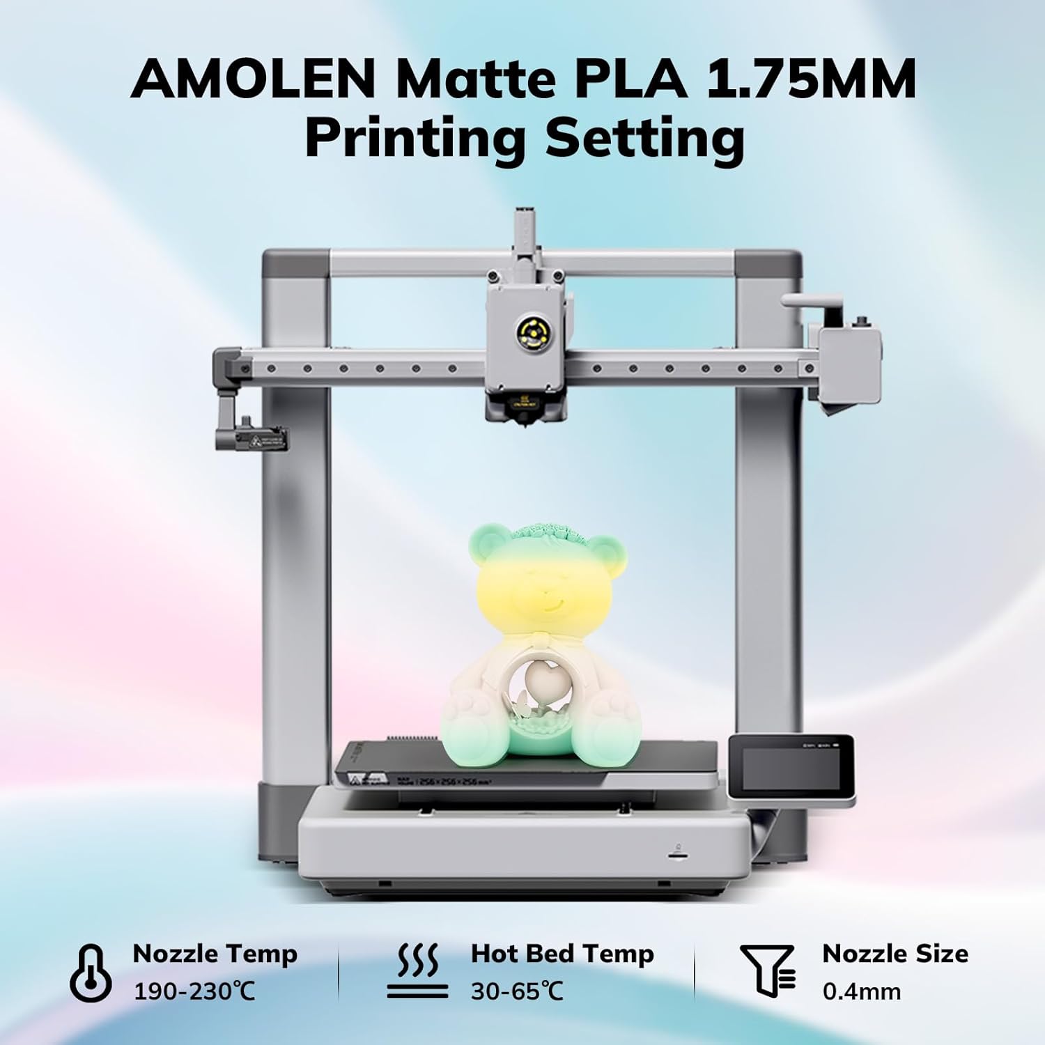 Amolen Matte PLA 1.75mm printing settings, with 3D printer, rainbow bear model and printing temperature guide