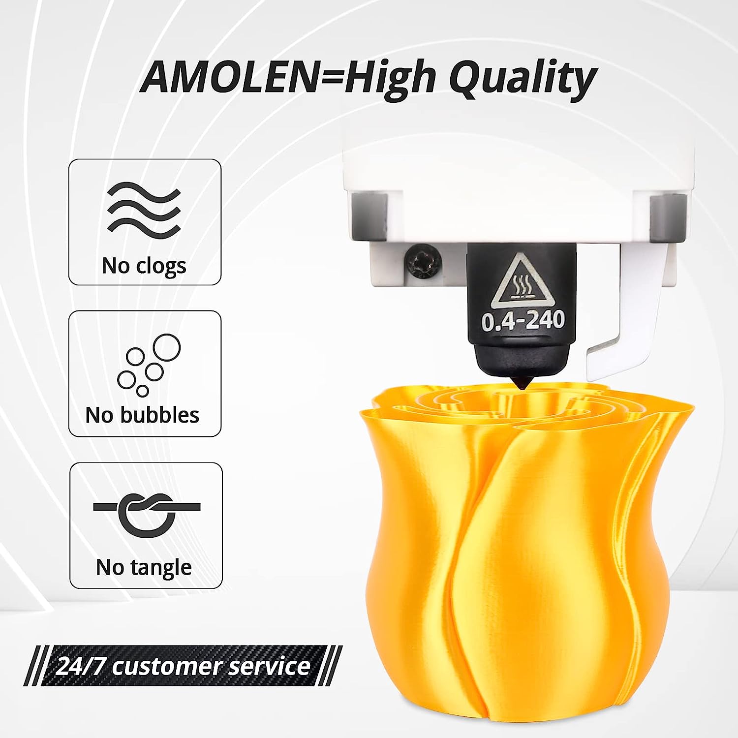 Amolen gold silk PLA 3D printed rose with smooth finish, highlighting no clogs, bubbles, tangle for high quality.