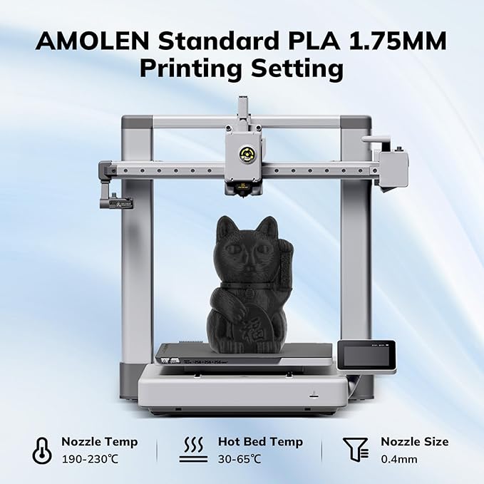Amolen Standard PLA 1.75mm, printing black cat statue, with nozzle and bed temperature settings.