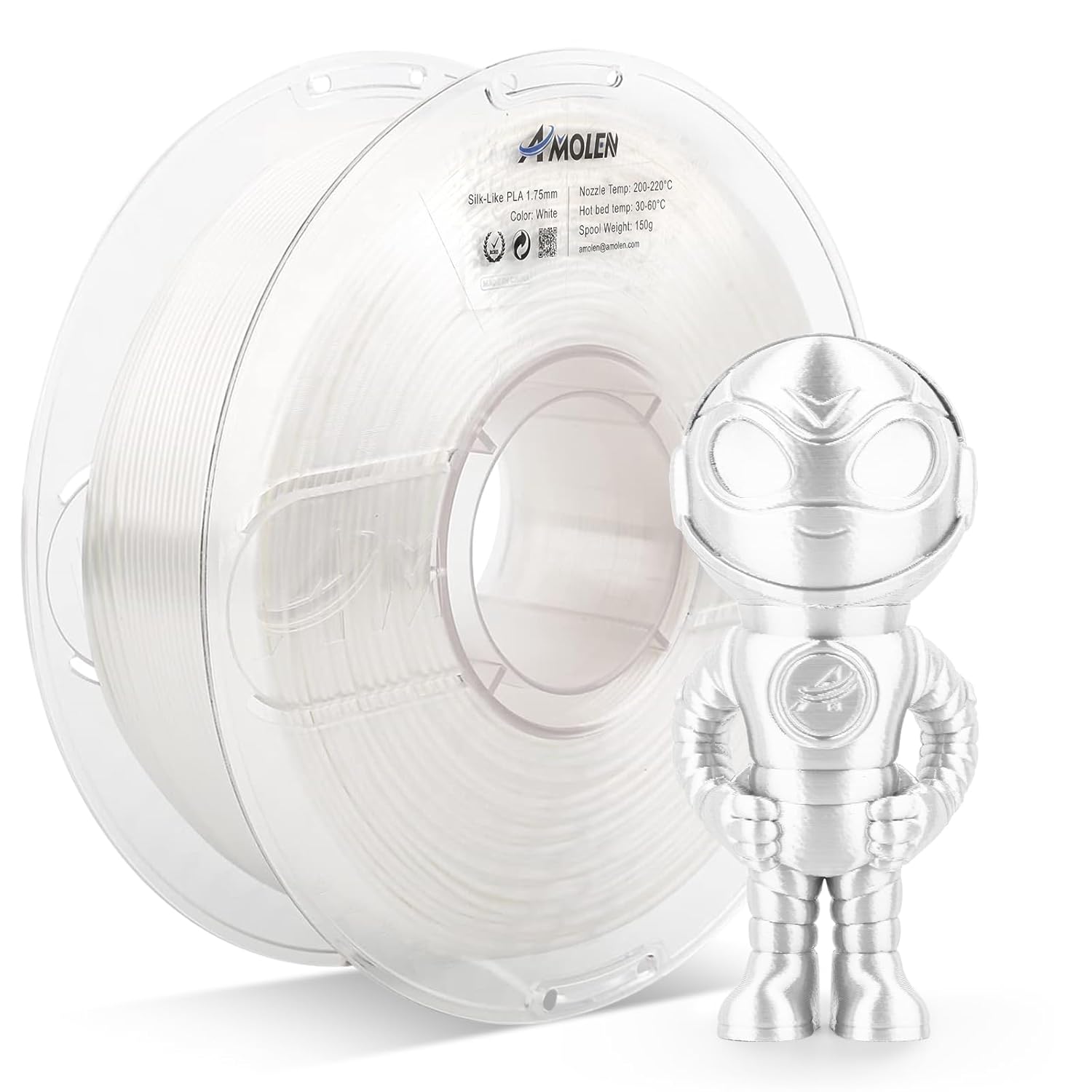 Amolen White Silk-Like PLA 1.75mm filament spool next to a 3D printed robot for 3D printing projects