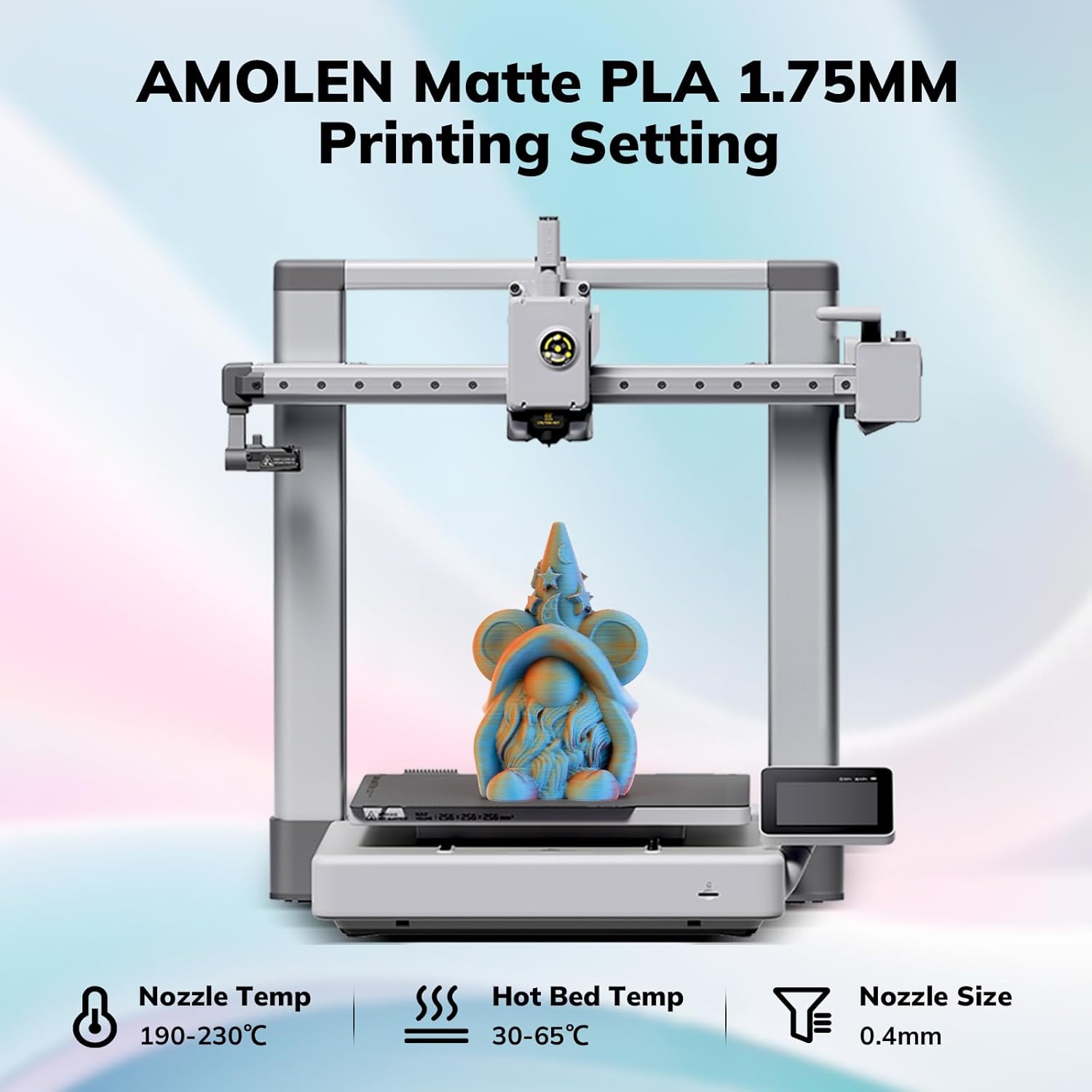 Amolen Matte PLA 1.75mm 3D printing with settings, showcasing a colorful printed gnome model, triple color in one print