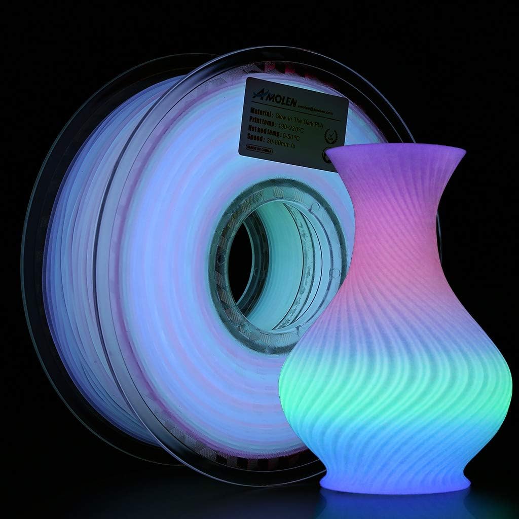 Amolen Glow in the Dark PLA 1.75mm filament spool with glowing 3D printed vase, perfect for glow projects.