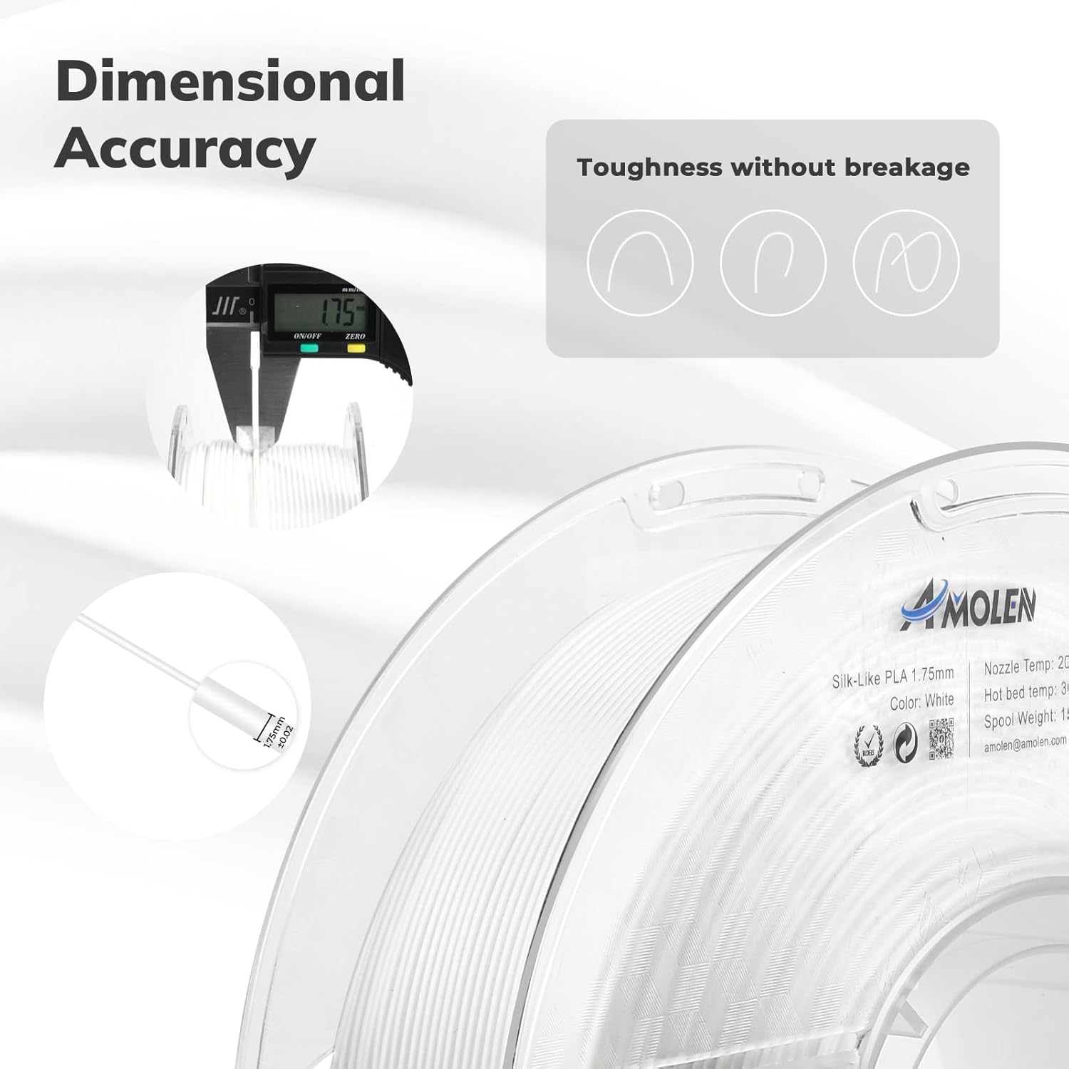 Amolen Silk PLA 1.75mm White filament spool, demonstrating dimensional accuracy for 3D printing projects.