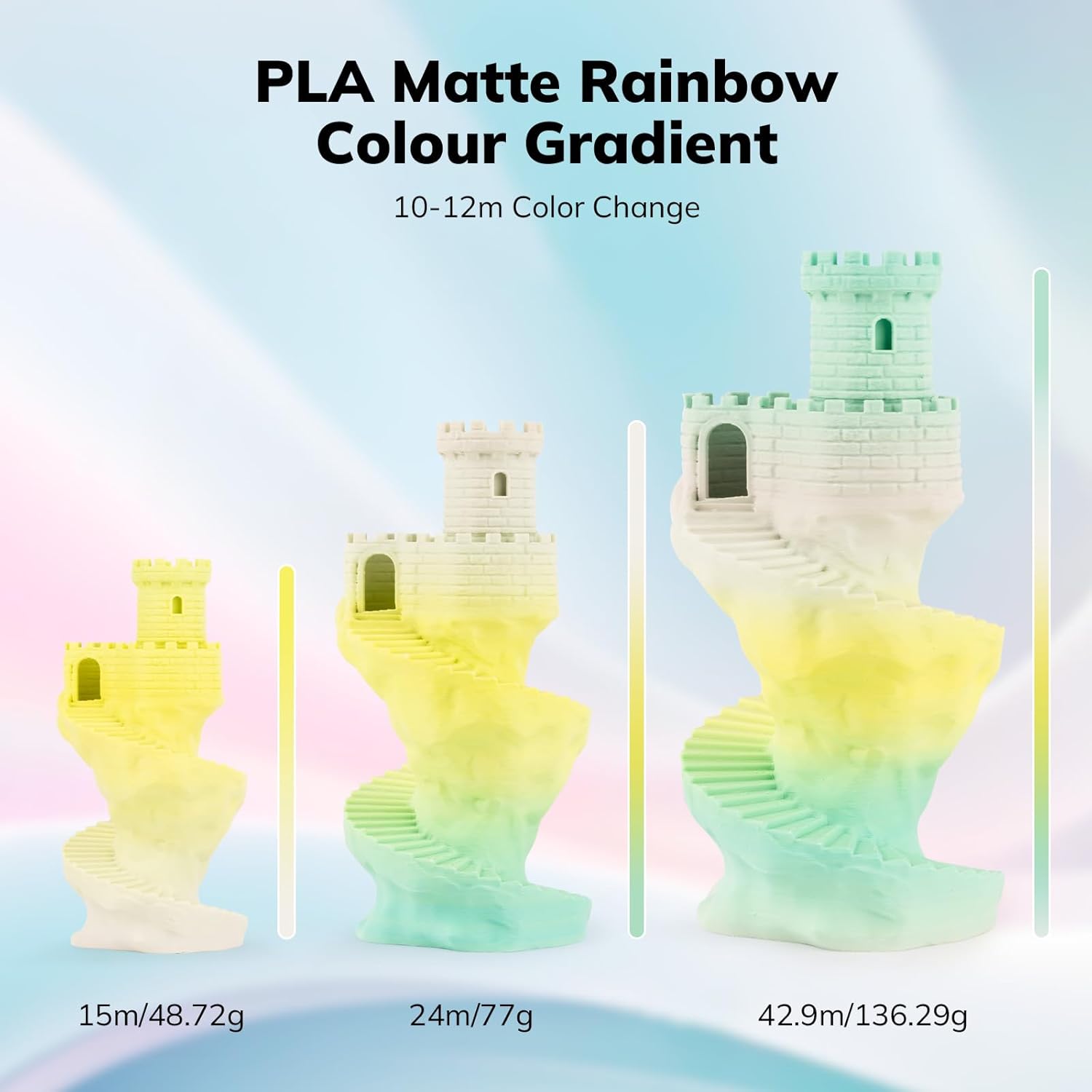 Amolen PLA Matte Rainbow 3D printed castle, demonstrating color gradient, 1.75mm filament