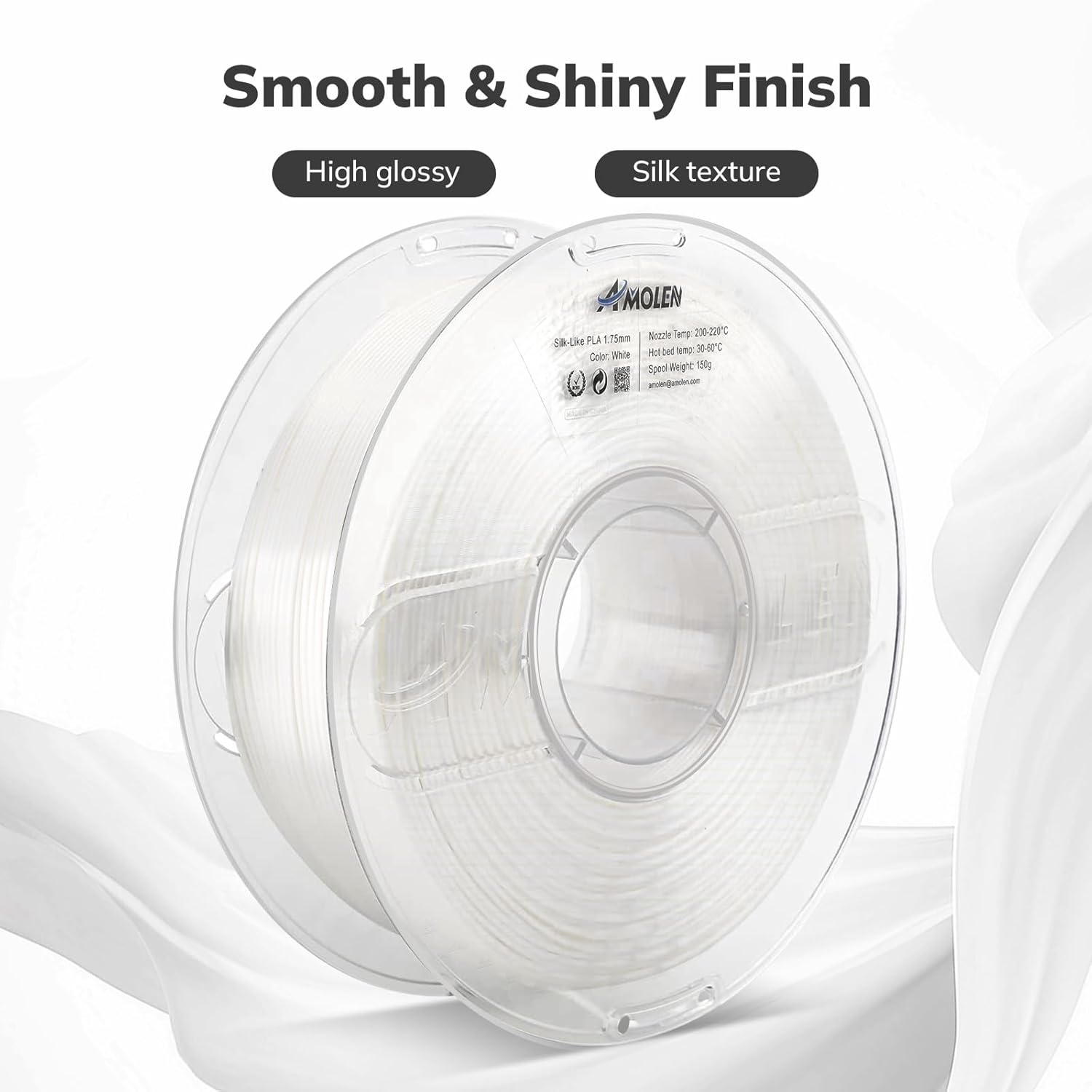 Amolen White Silk-Like PLA 1.75mm filament spool with smooth, shiny finish, ideal for 3D printing.