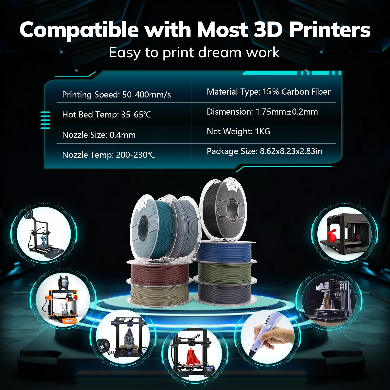 Amolen PLA Carbon Fiber filament variety pack with diverse colors, compatible with most 3D printers, 1.75mm filament samples