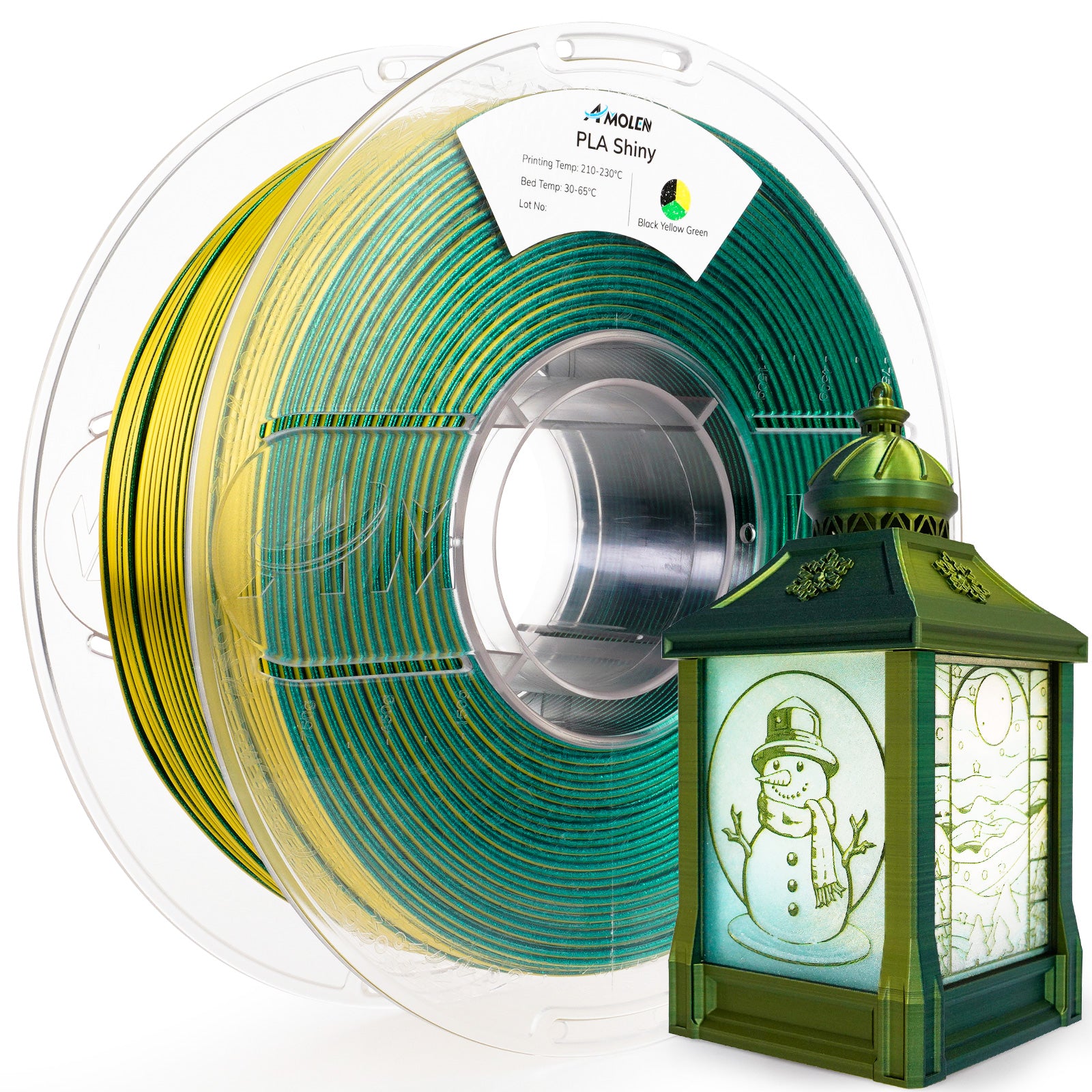 Amolen PLA Shiny filament Black Yellow Green with a 3D printed green lantern showcasing the material's glitter effect.