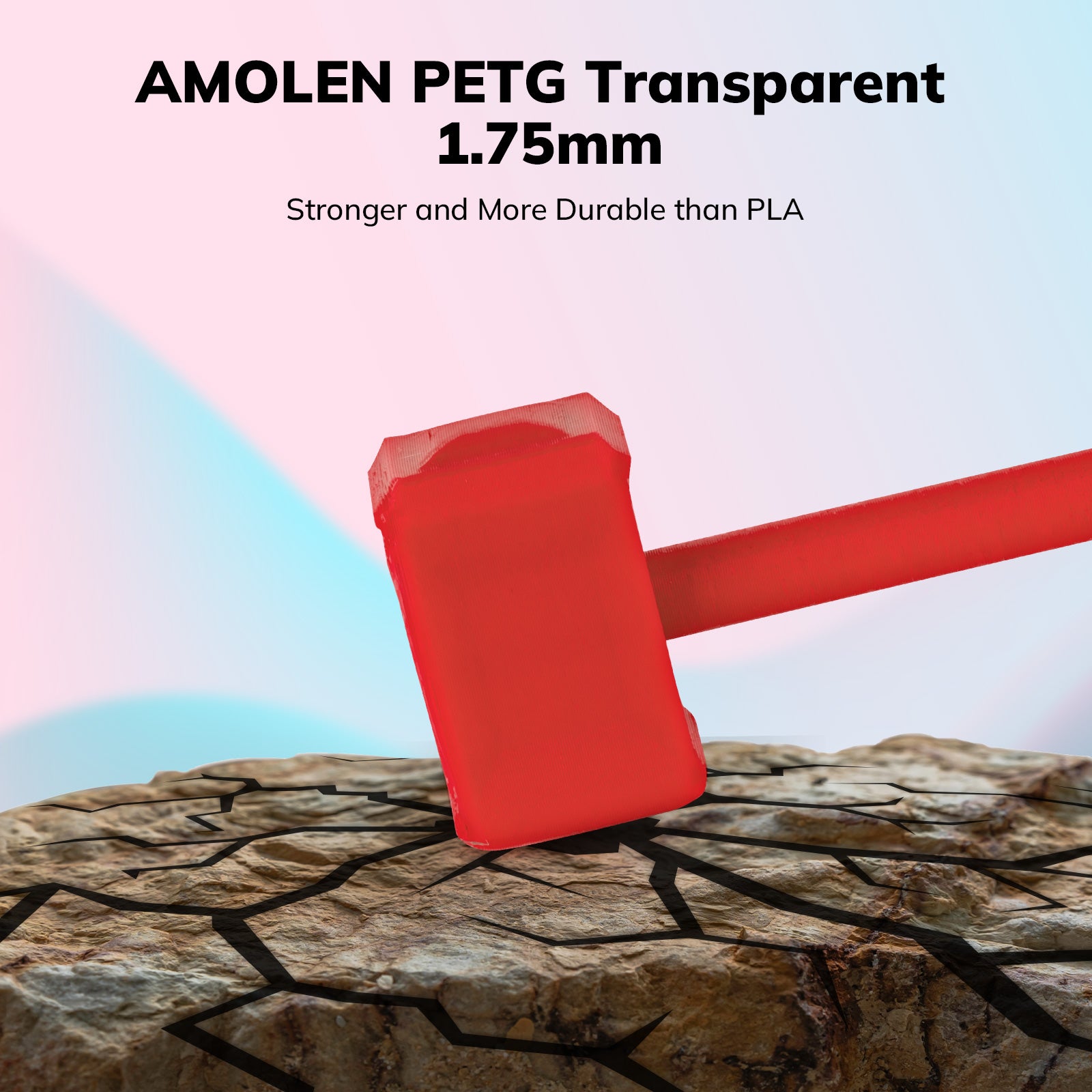 Amolen PETG Transparent 1.75mm filament. Stronger and more durable than PLA. Red 3D printed item demonstrating strength.