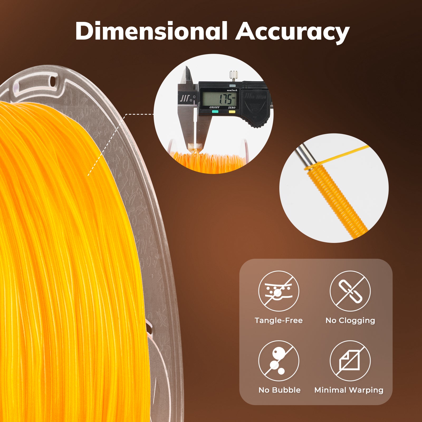 Amolen 1.75mm TPU filament dimensional accuracy: tangle-free, no clogging, bubble-free, minimal warping