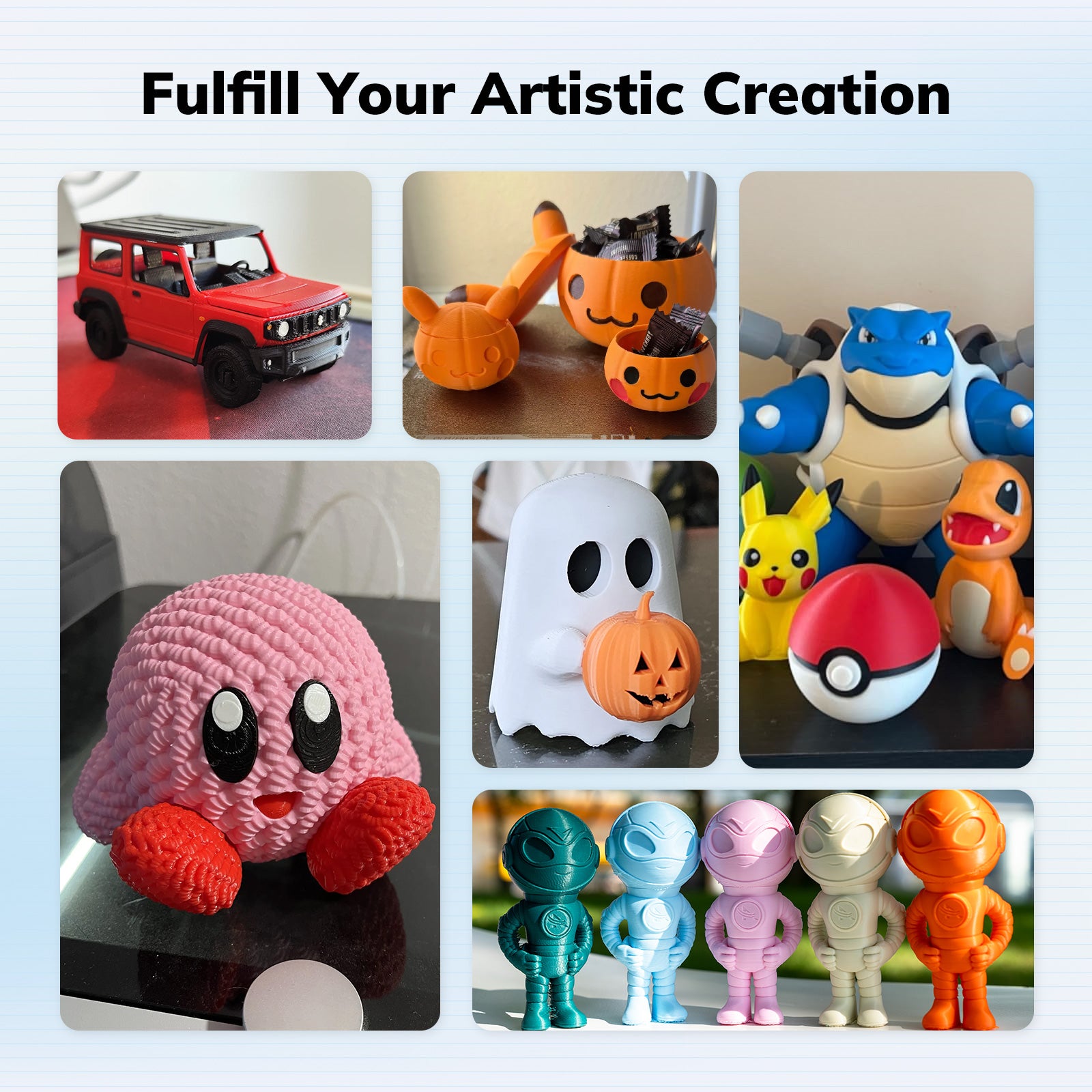 3D printed models with Amolen PLA filaments: car, Halloween decor, Kirby, Pokemon, colorful robot figures.