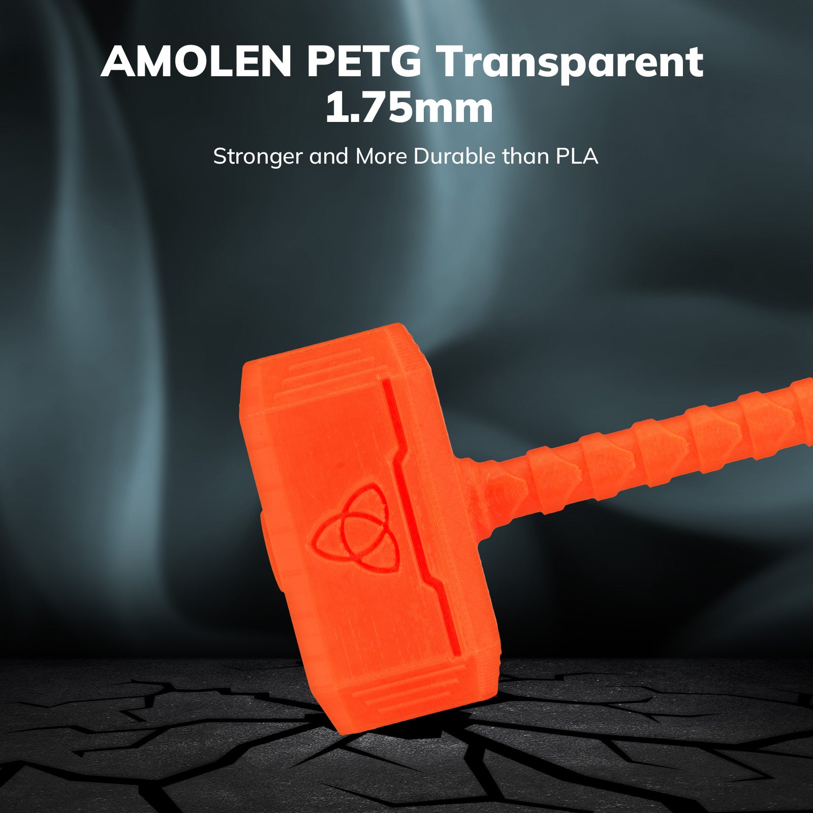 3D-printed orange hammer made with Amolen PETG 1.75mm filament, showcasing durability and quality