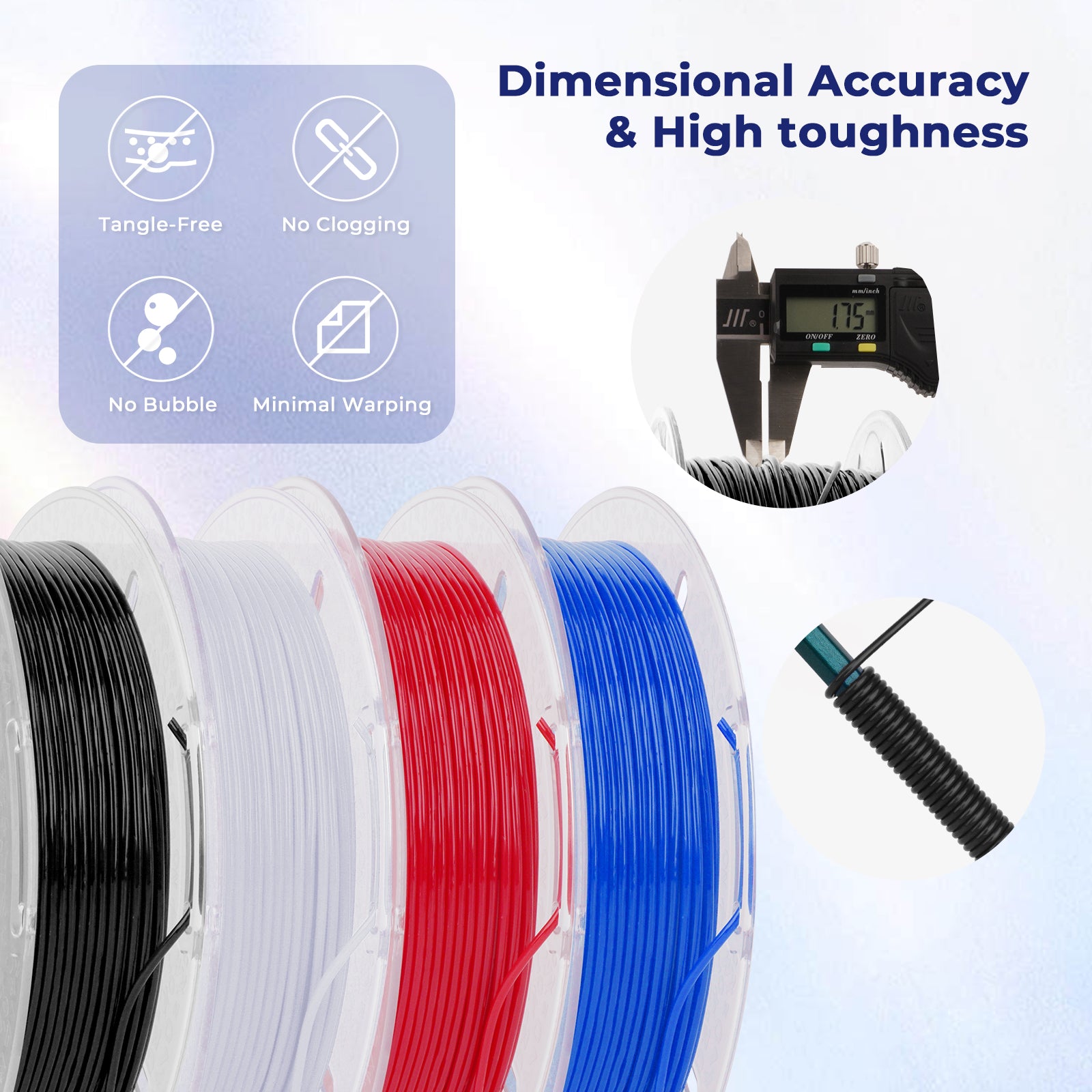 Amolen TPU flexible filament pack with four colors, emphasizing dimensional accuracy and print quality.