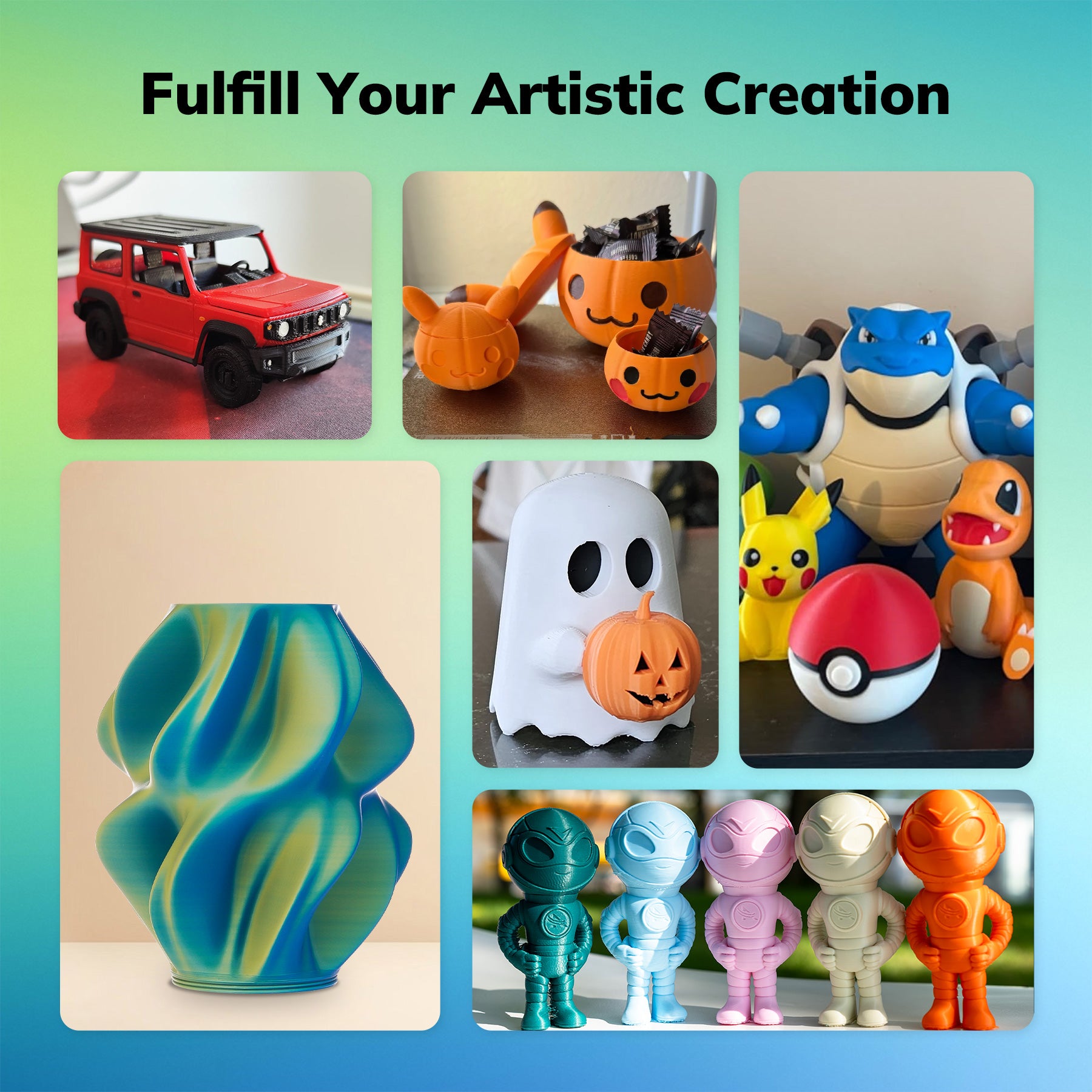 Diverse 3D prints with Amolen PLA filaments: car, pumpkin holders, Pokemon, vase, ghost, and robot figures.