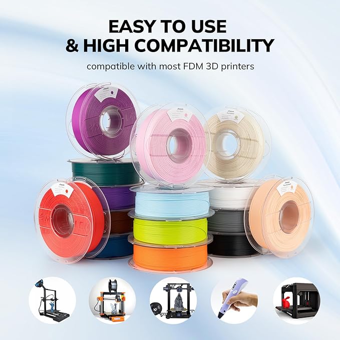 Amolen PLA Basic High Speed filament spools in various colors, compatible with most FDM 3D printers.
