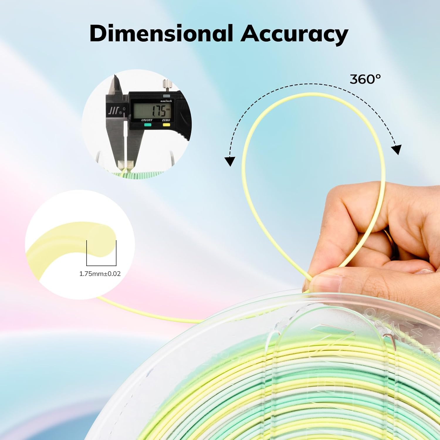 Amolen Matte PLA Rainbow Filament 1.75mm dimensional accuracy with caliper measurement, accurate 3D printing