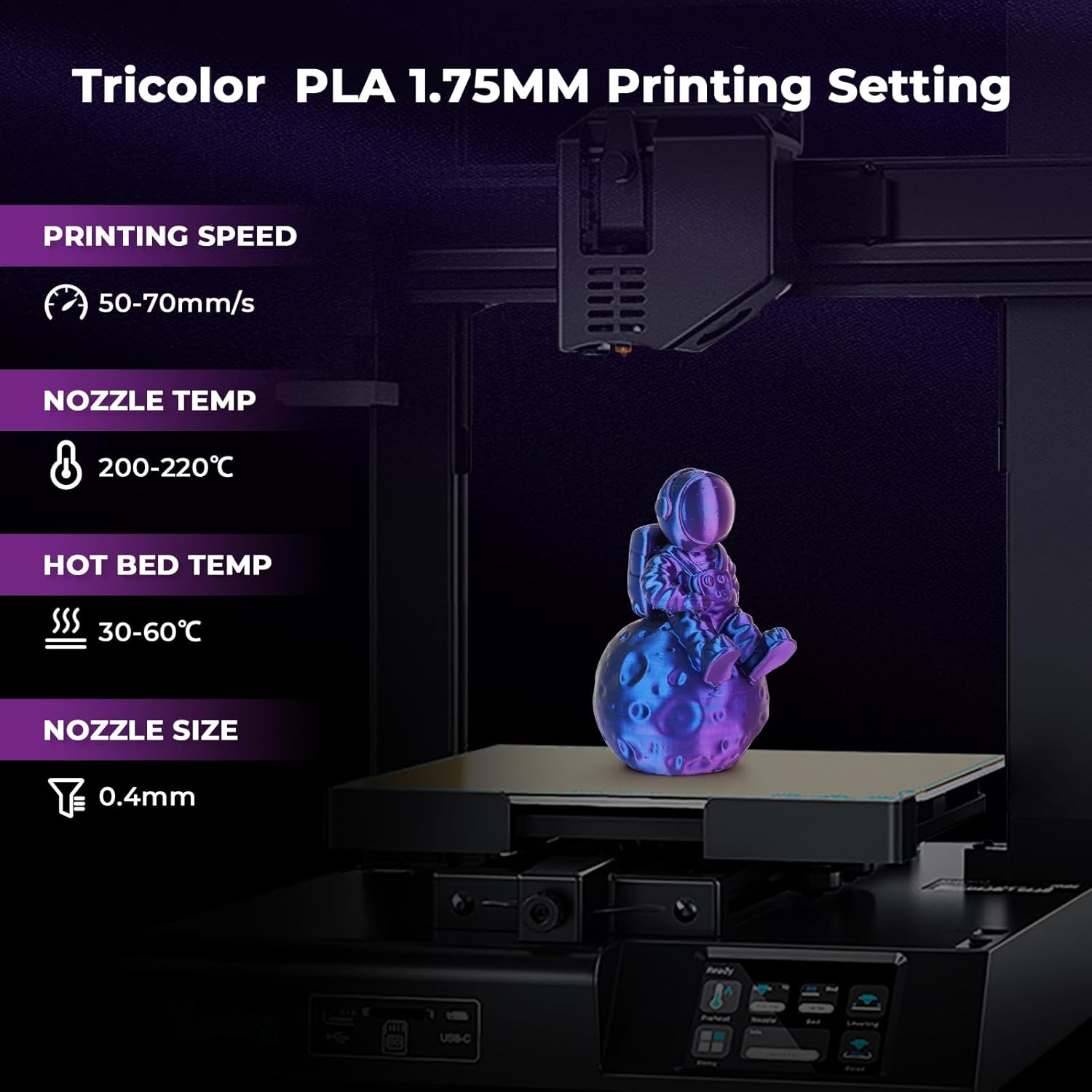 Tricolor PLA 1.75mm 3D printing settings with an astronaut model on a moon, showing printing parameters for optimal results.
