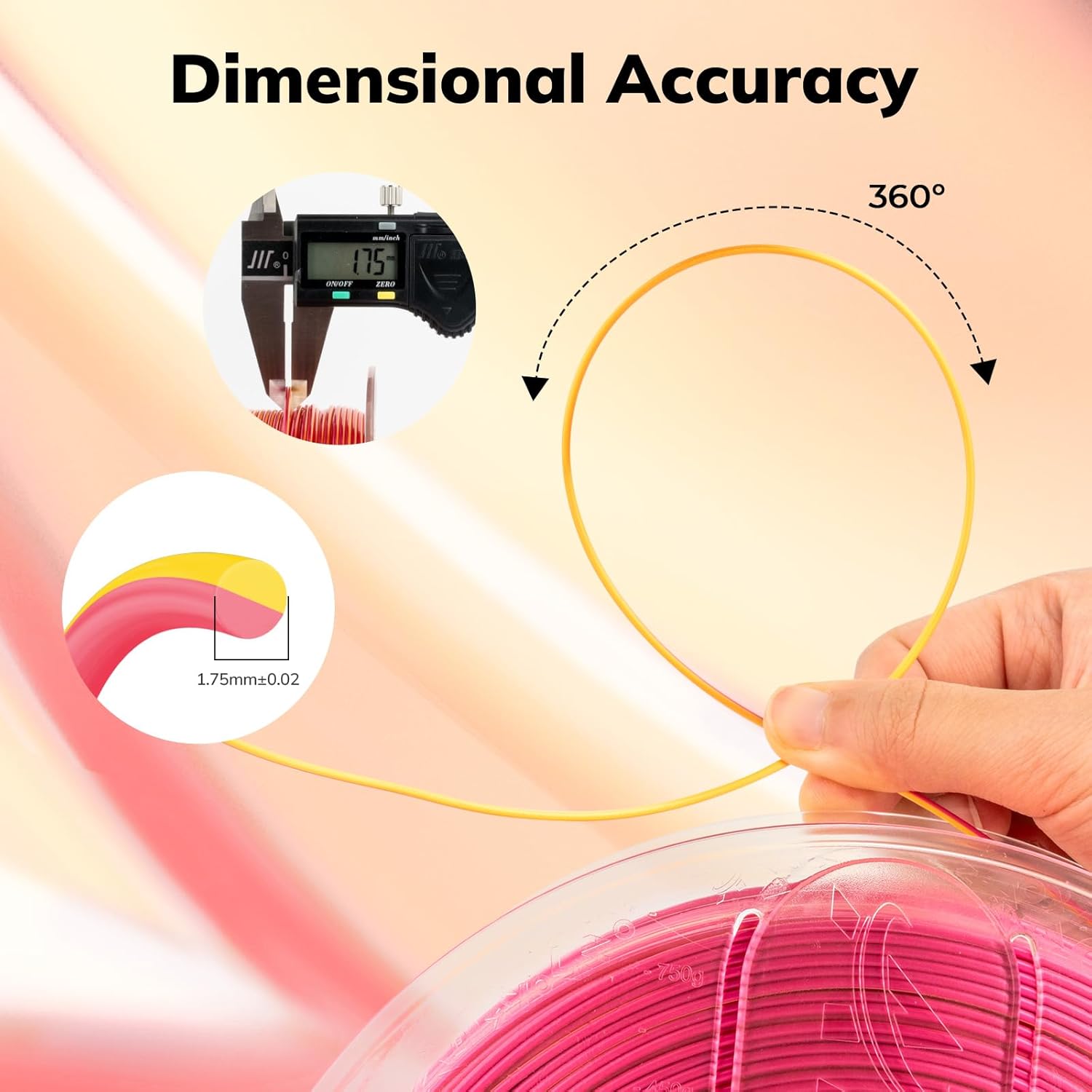 Amolen PLA Silk Dual Filament 1.75mm, showing dimensional accuracy of 1.75mm±0.02, perfect for 3D printing