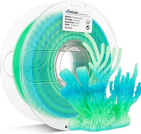Amolen PLA Crystal-Transparent filament spool and 3D-printed coral reef model, showing gradient effect, eco-friendly material