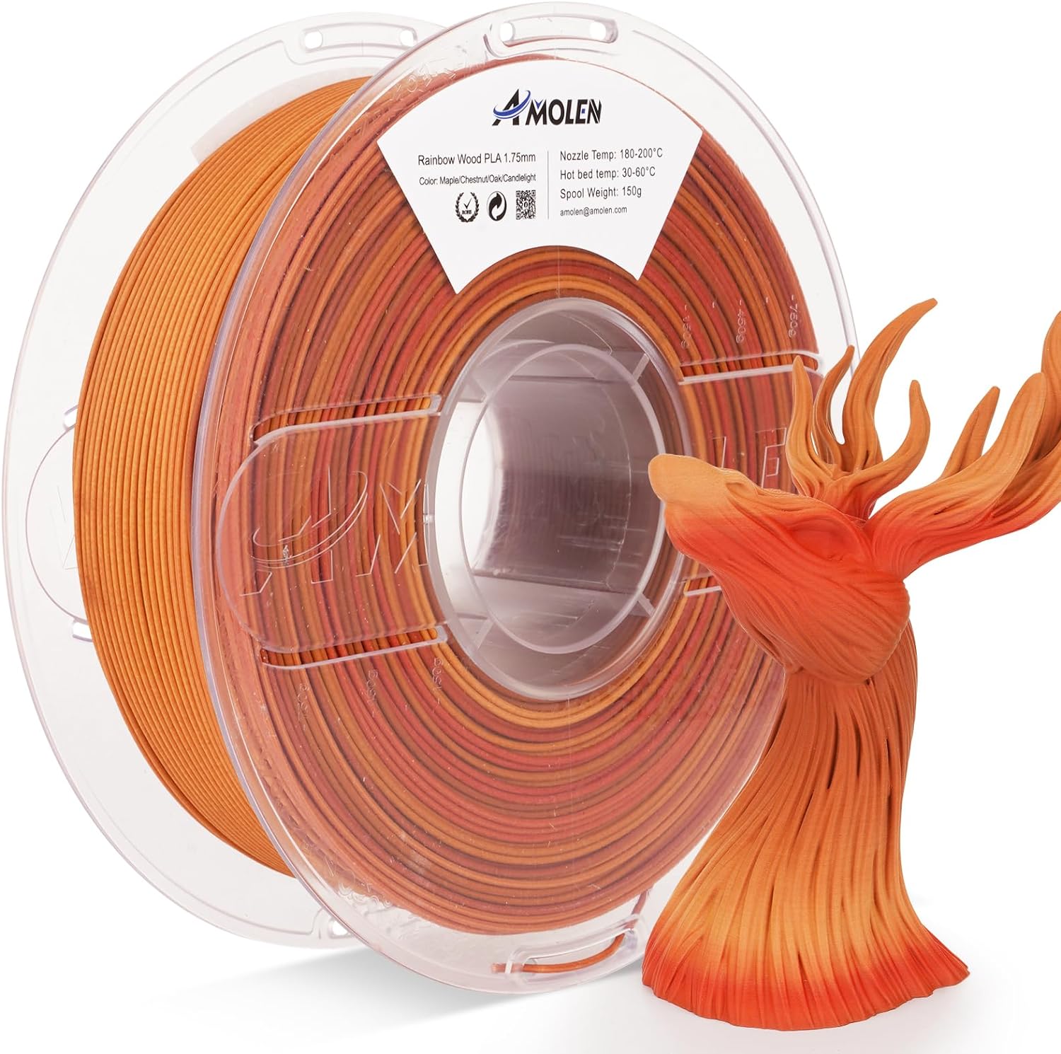 Amolen Rainbow Wood PLA 1.75mm filament spool with 3D printed deer head. Color: Maple/Chestnut/Oak/Candlelight.