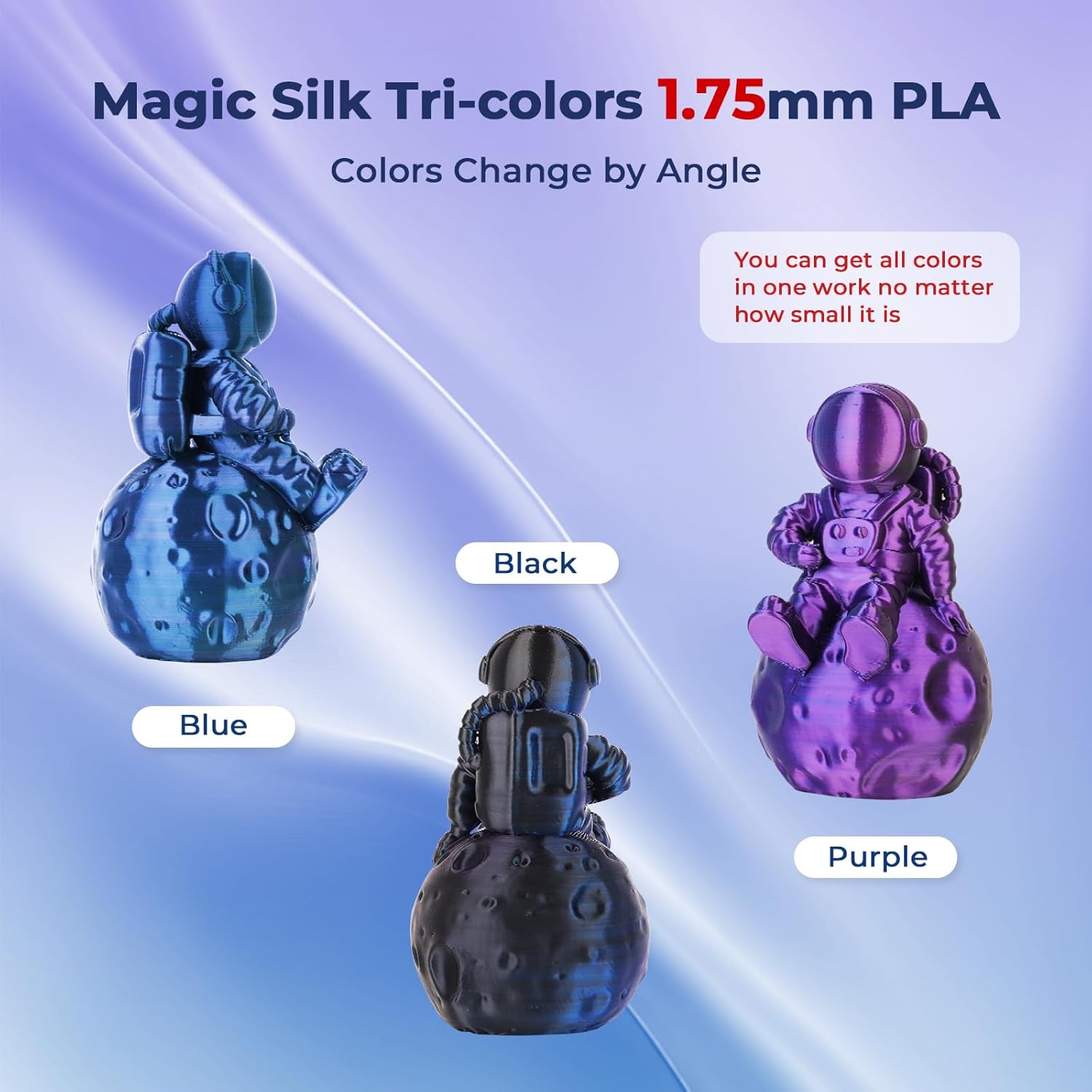 Amolen Magic Silk 1.75mm PLA filaments, astronaut models in blue, black, purple, color change effect.