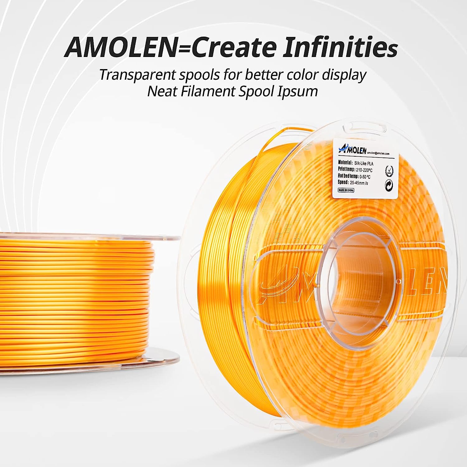 Amolen Silk-Like PLA filament spool in yellow-orange. 3D printing material for smooth, shiny finish.