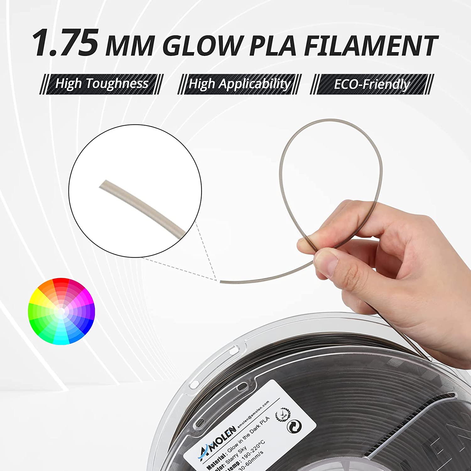 Amolen Glow in the Dark PLA filament spool, 1.75mm, showcasing starry sky color and glow effect.
