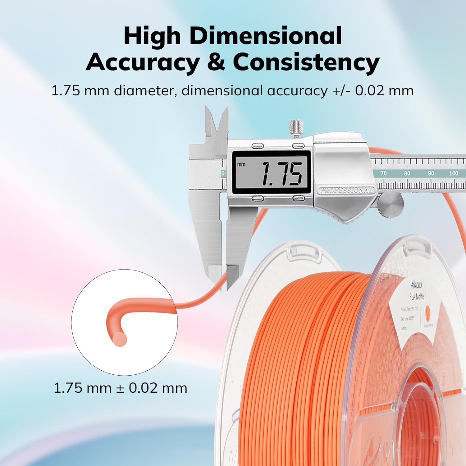 Amolen PLA Matte Filament Sunny Orange, 1.75mm diameter with high dimensional accuracy displayed with a digital caliper