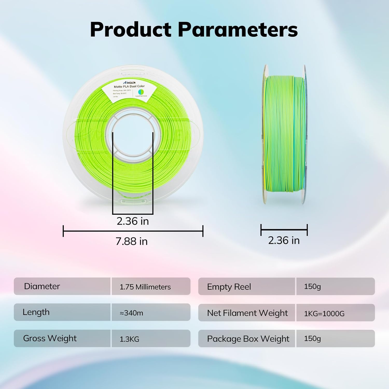 Amolen Matte PLA Dual Color Filament, 1.75mm, product parameters, Cyan/Chartreuse color, 1KG, perfect for 3D printing
