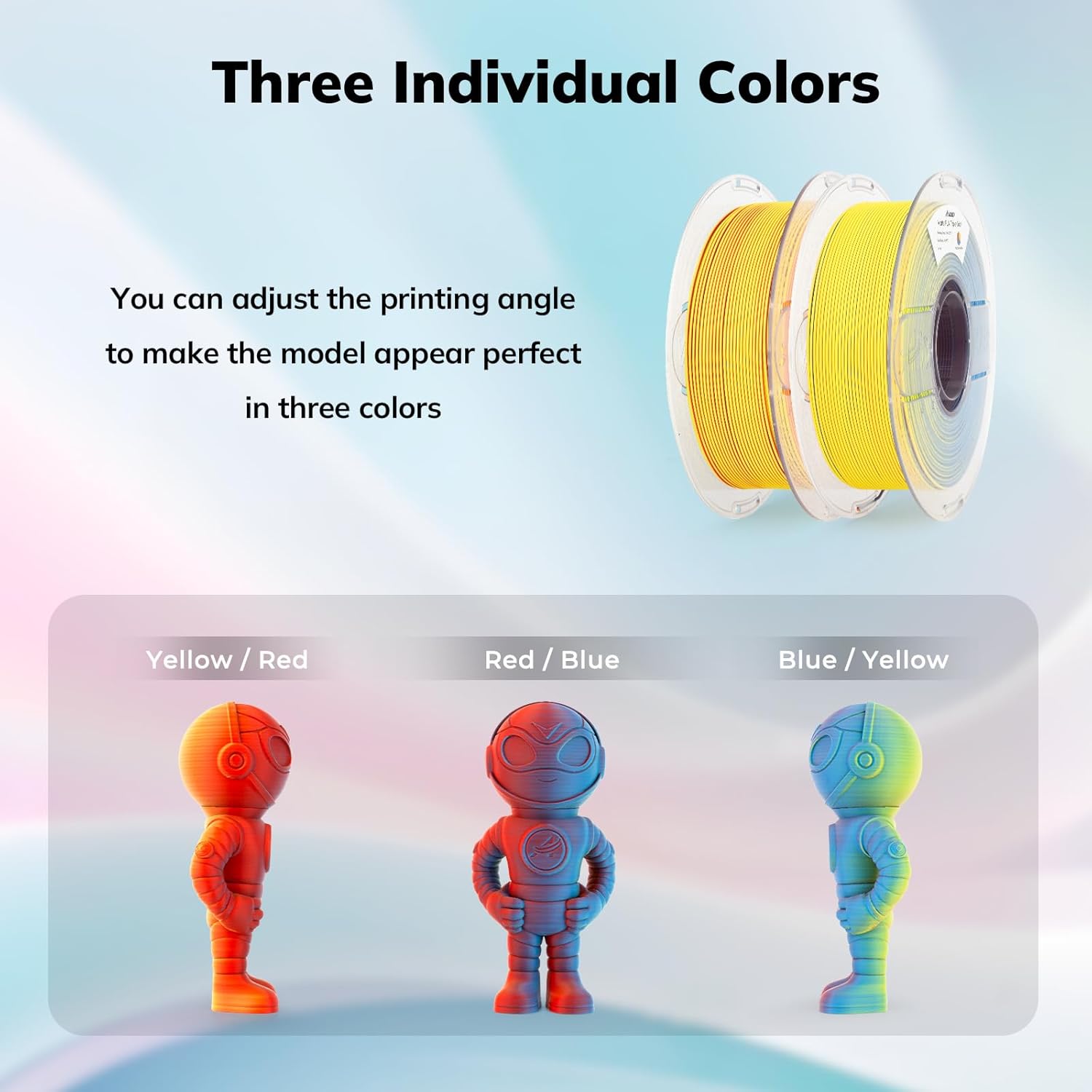 Amolen PLA Matte Triple Color filament: Three colors in one print, showcasing robot models with color transitions