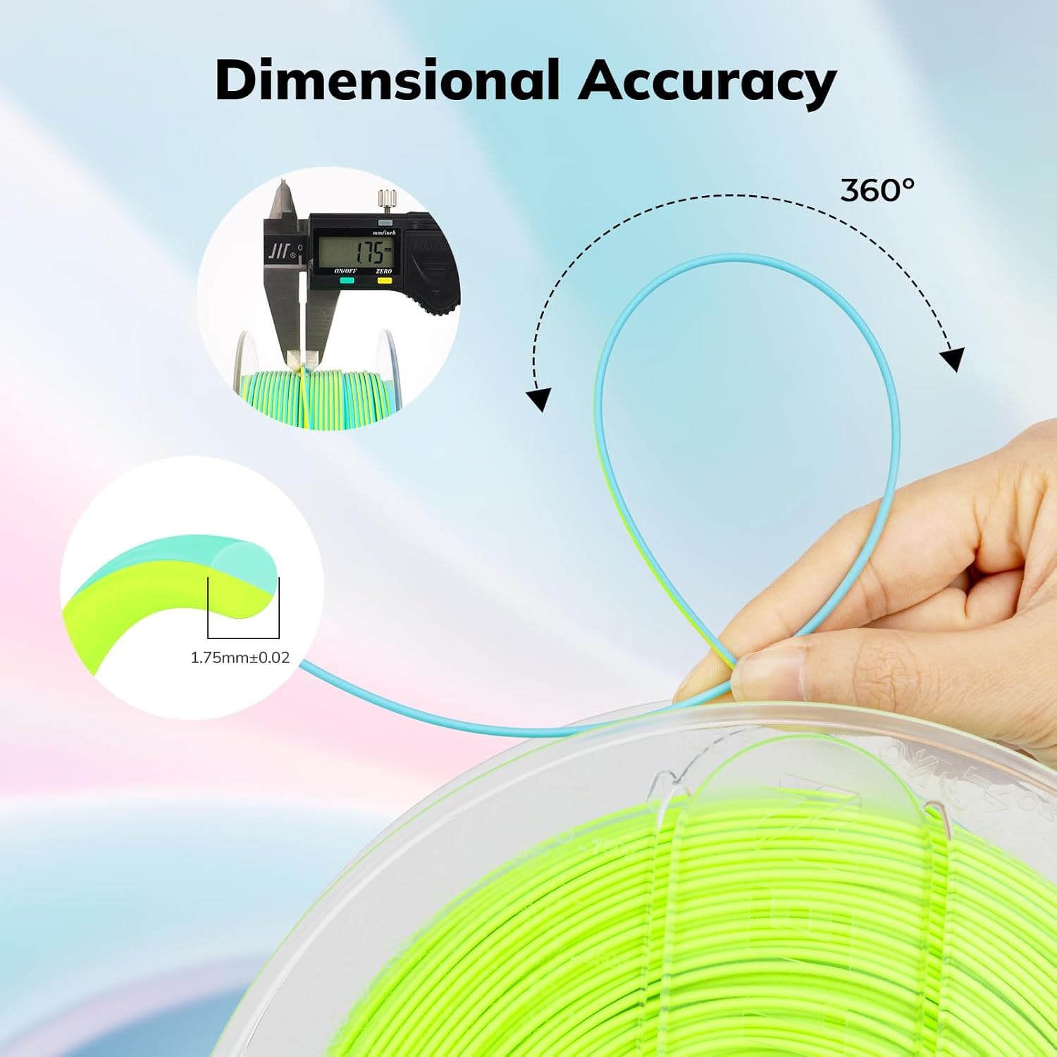 Amolen Matte PLA Dual Color filament, 1.75mm diameter, showcasing dimensional accuracy and dual-color transition.